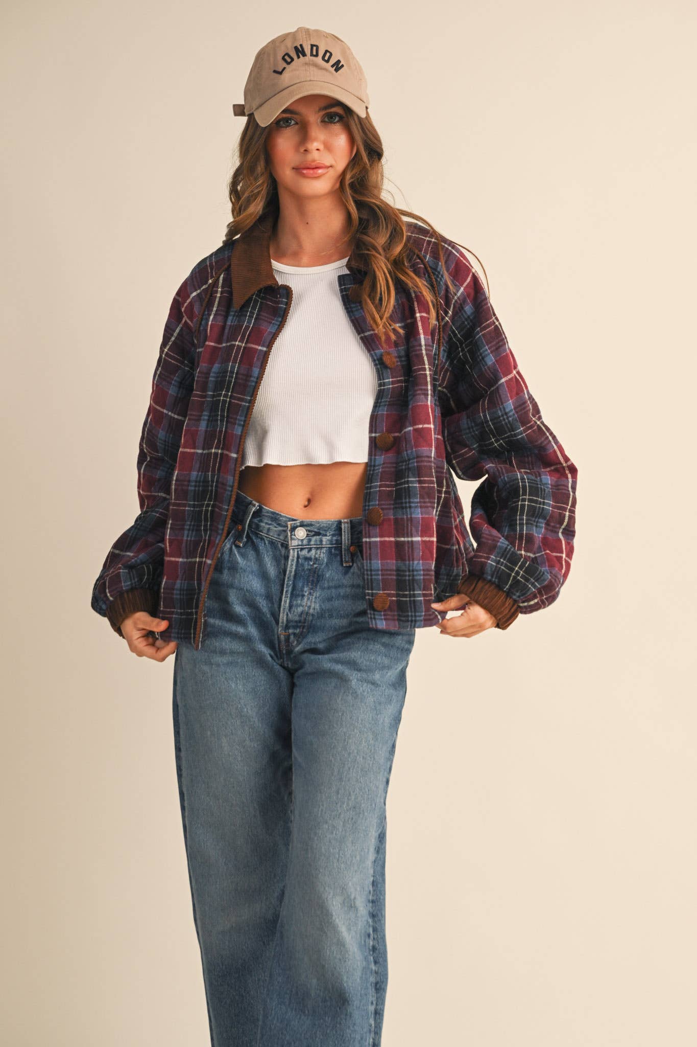 PLAID QUILTED JACKET WITH CONTRAST CORDUROY DETAIL MJK4115: Olive Multi Plaid / M