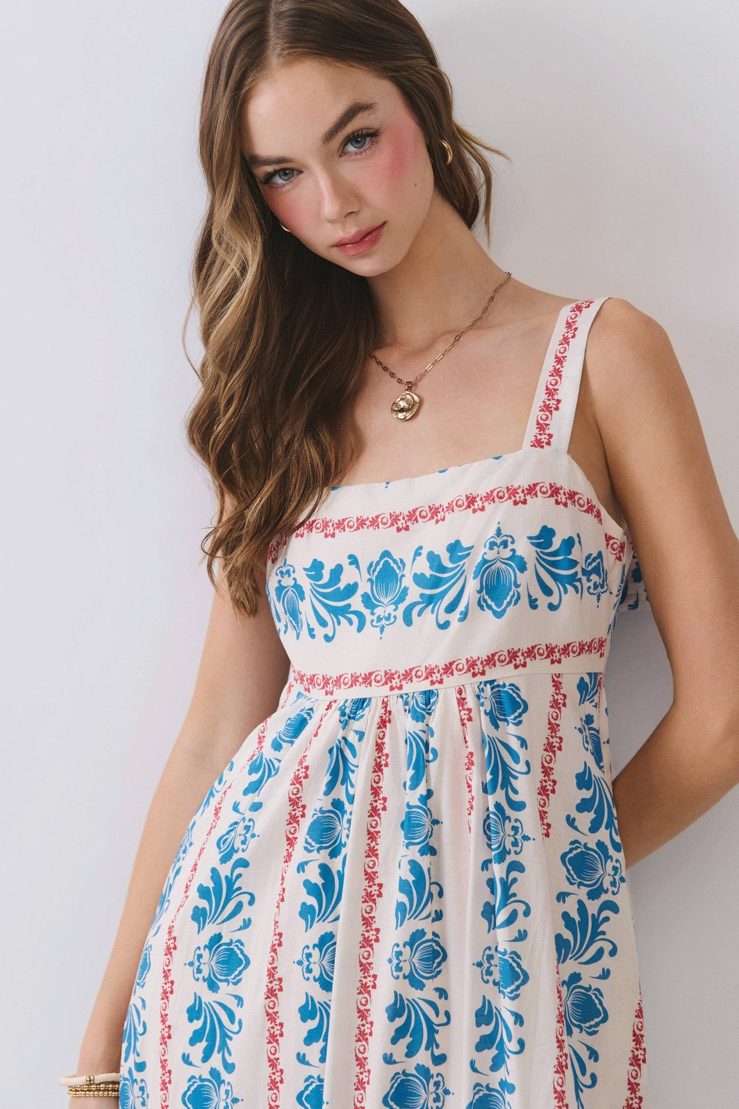 CD07119-Floral Stripe Print Square Neck Midi Dress : Blue / S