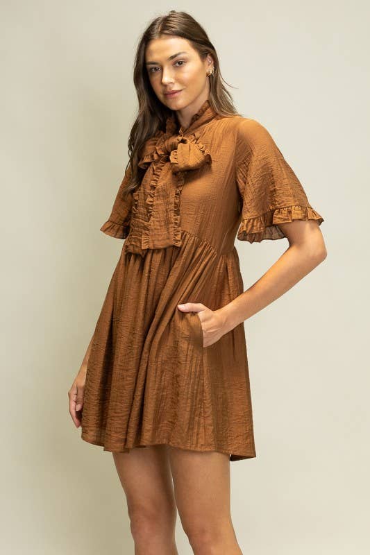 JOD1247 Crinkle Texture Mini Dress with Ruffle Neck Tie: COCOA / S-M-L (2-2-2)