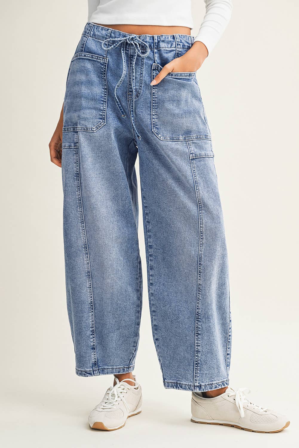LDC Large Patch Pocket Drawstring Paperbag Waist Jeans: Myosotis / 6