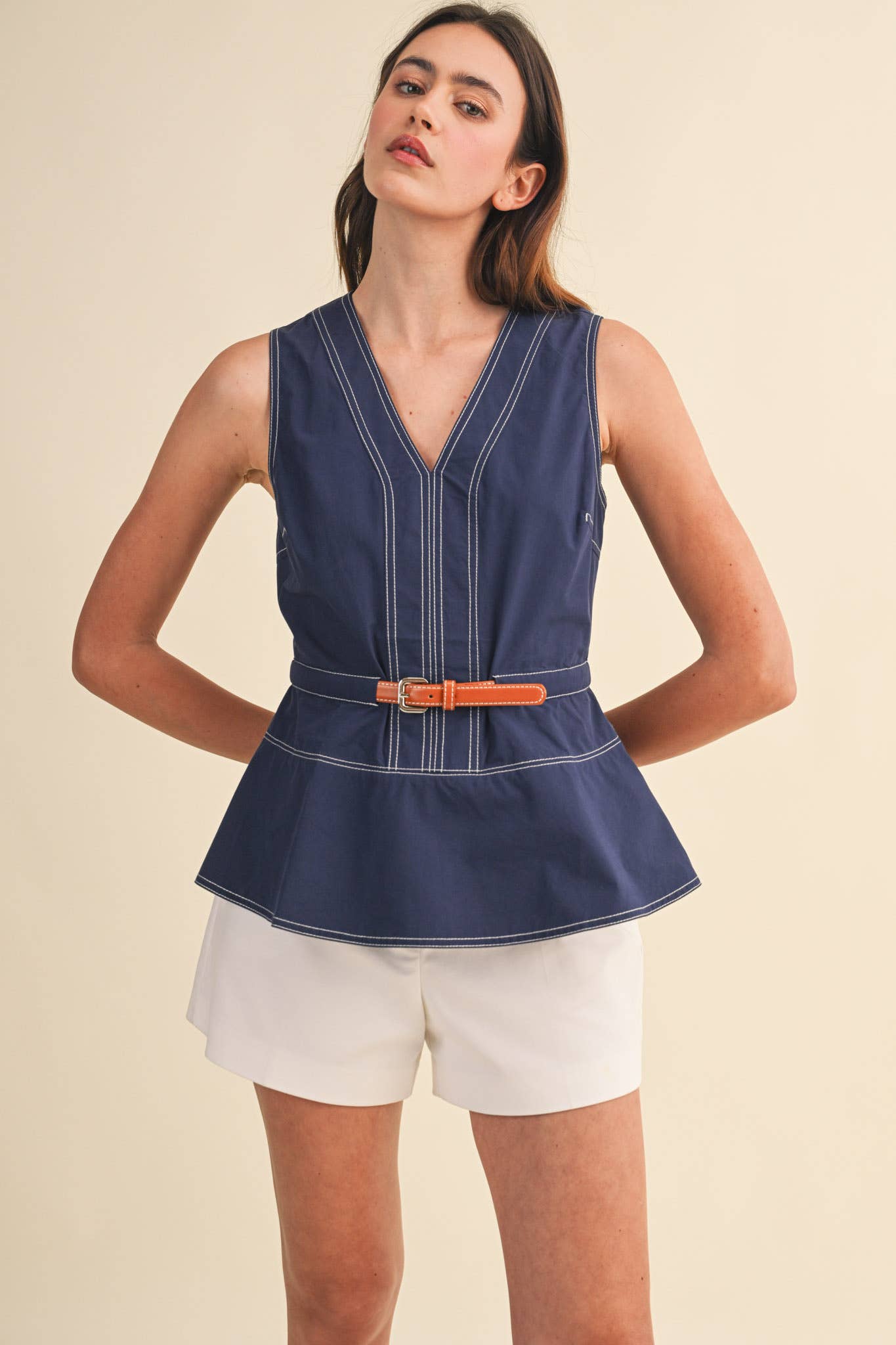 SLEEVELESS BELTED PEPLUM TOP MTP4684: OFF WHITE / S