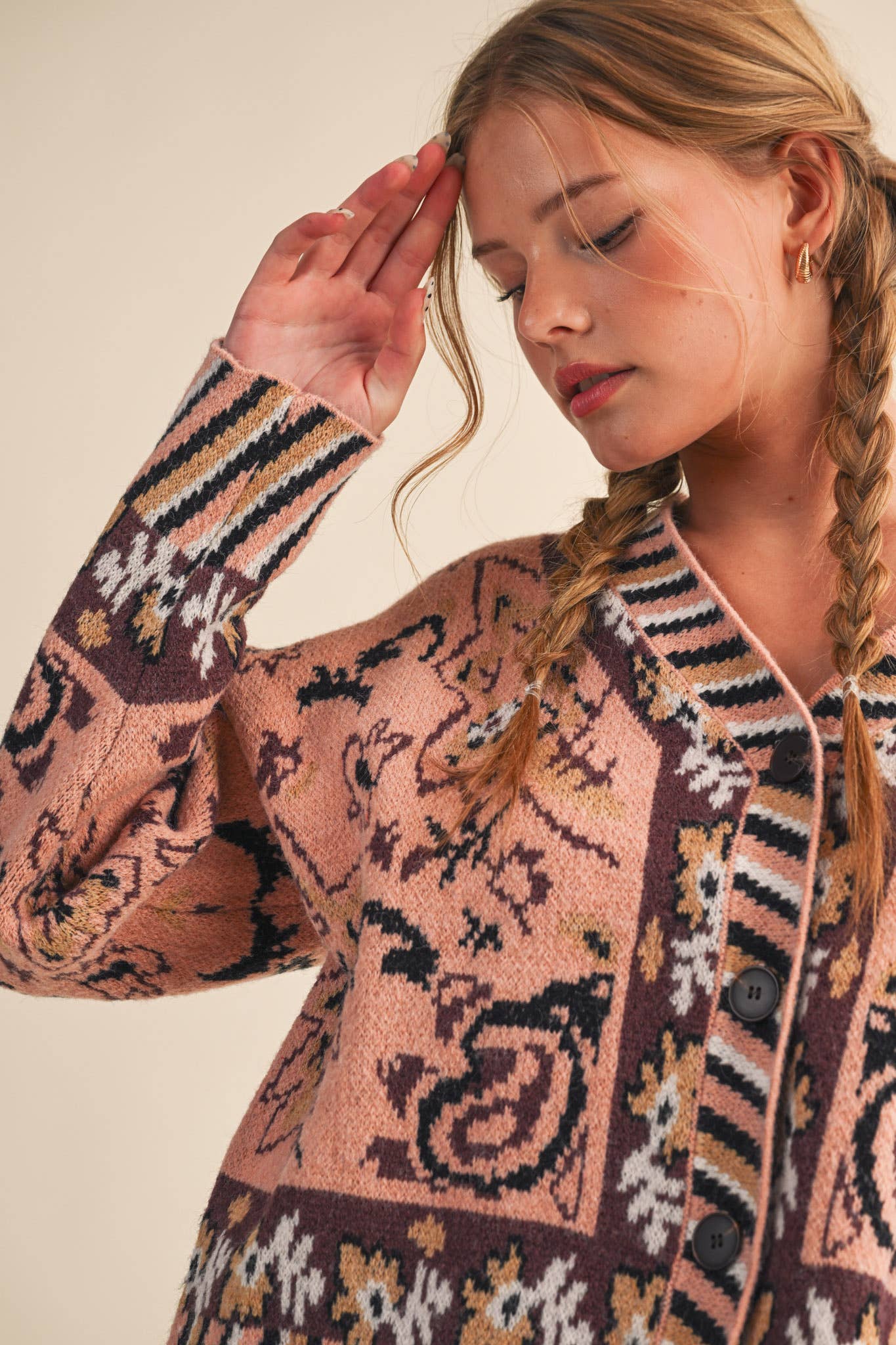 PAISLEY KNIT SWEATER CARDIGAN MSW11102: Ivory Coral Multi / L