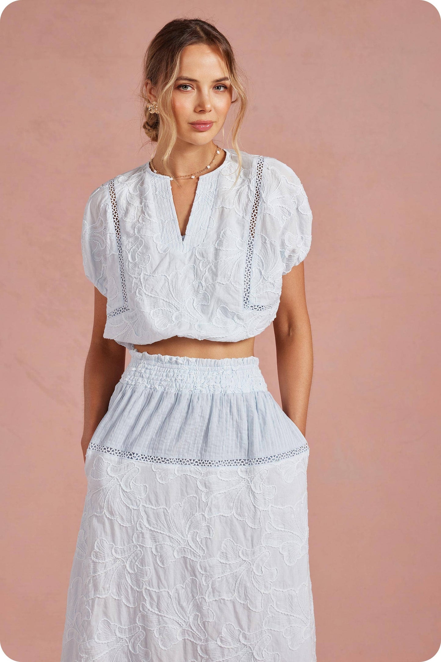 Floral Embroidery Cotton Lace Trim Skirt Top Set: Crystal Blue / M