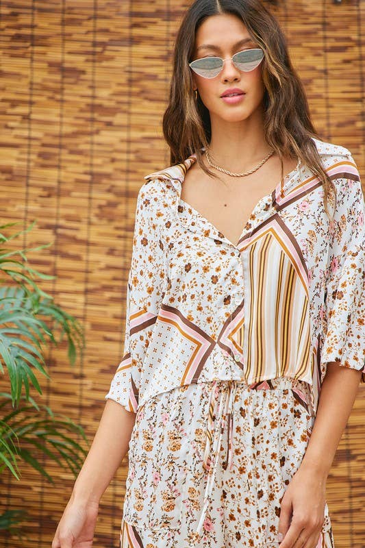 Printed Satin Top And Pants Set: Ivory Multi / M