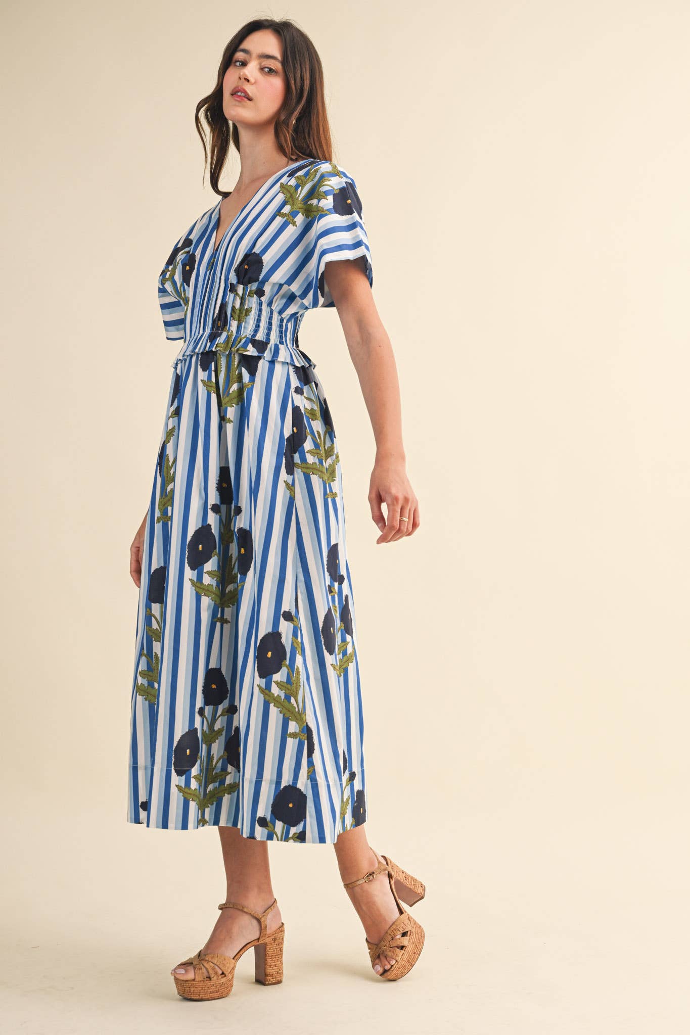 STRIPED FLORAL PIN TUCK WAIST MIDI DRESS MDR4787: BLUE FLORAL STRIPE / S