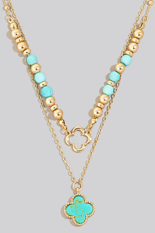 Stone Clover Pendant Layered Beaded Chain Necklace: GDTQ
