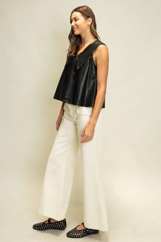 SOT1241 Faux Leather Sailor Collar Top: Black / S-M-L (2-2-2)