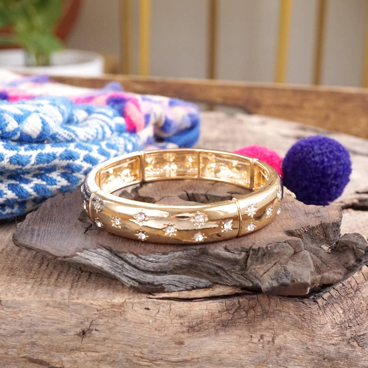 Gold-Tone Eternity Stretch Bangle – Pearls, Turquoise, or Crystals: Wide - Turquoise