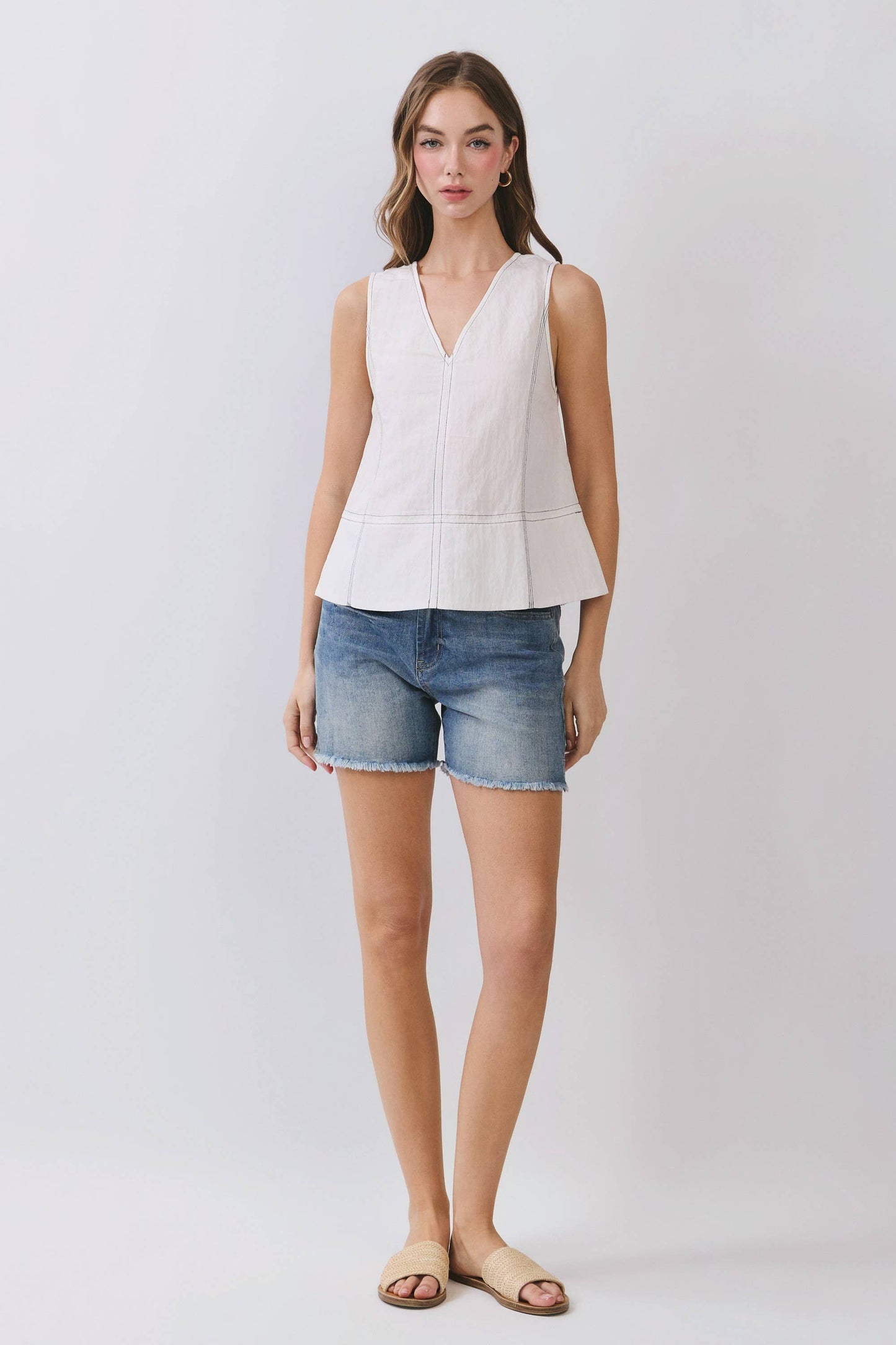 CT10002-Contrast Stitch Sleeveless V-Neck Top: White / S