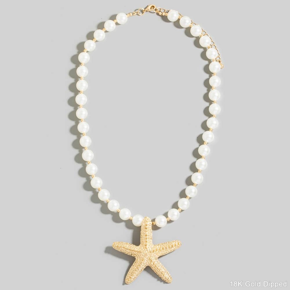 Gold Dipped Starfish Pendant Pearl Beaded Necklace: GDCRM
