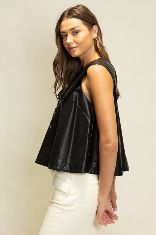 SOT1241 Faux Leather Sailor Collar Top: Black / S-M-L (2-2-2)