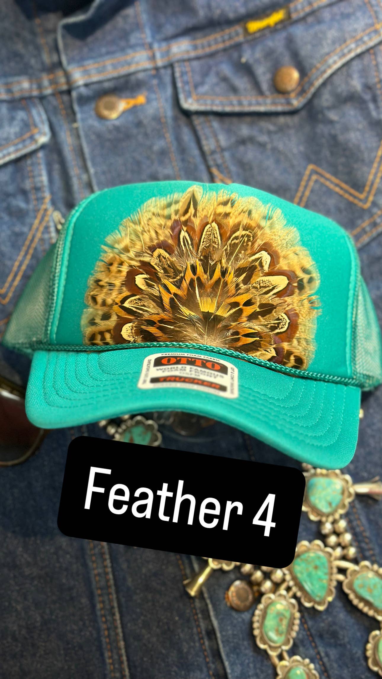 JADE FEATHER TRUCKER HAT: No Faux Turquoise / Feather 4