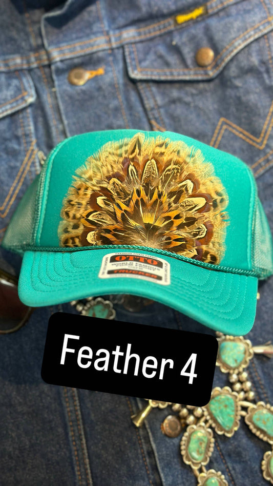 JADE FEATHER TRUCKER HAT: No Faux Turquoise / Feather 4