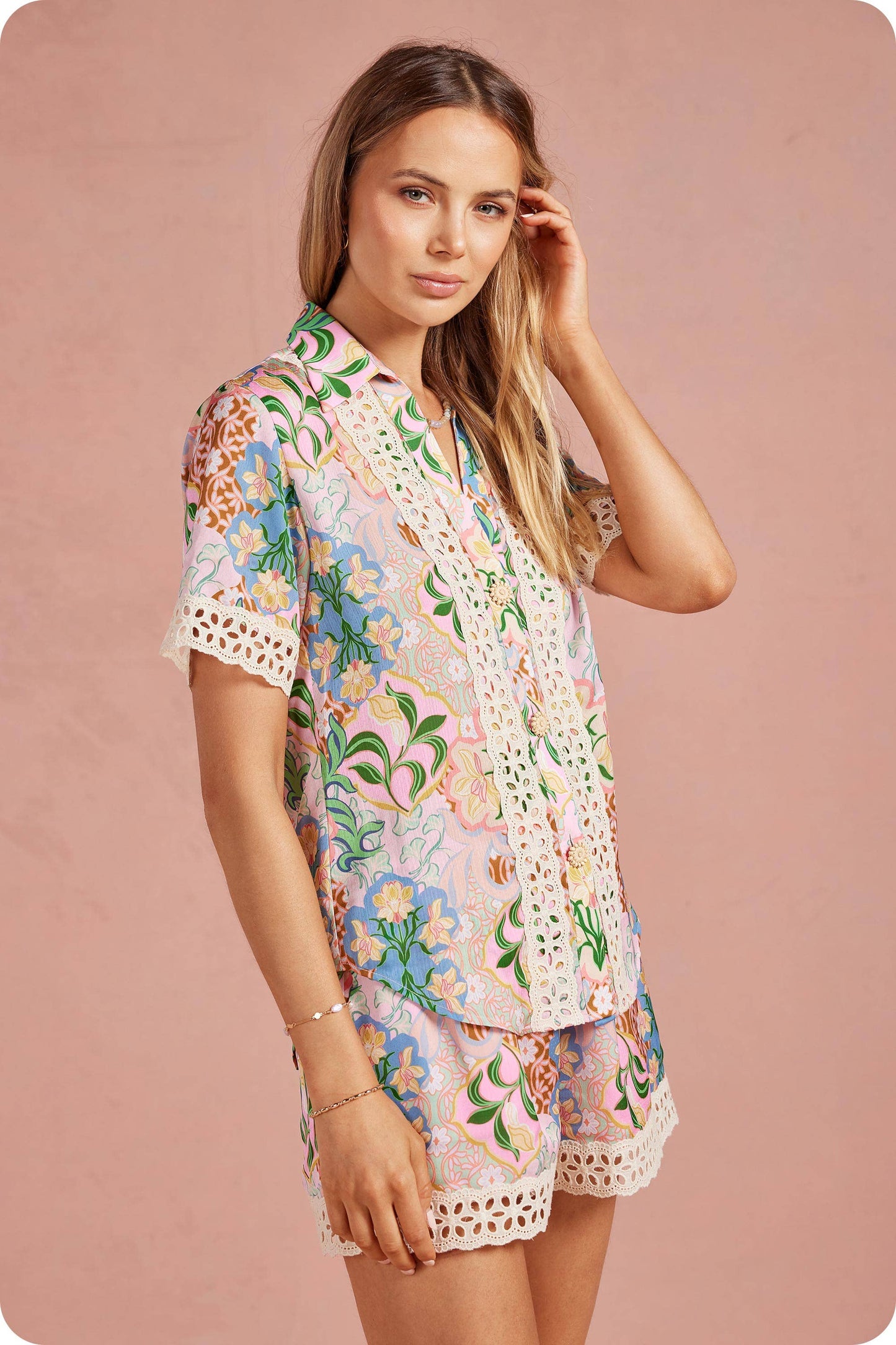 Garden Party Crochet Contrast Trim Satin Shirt: Multi / L
