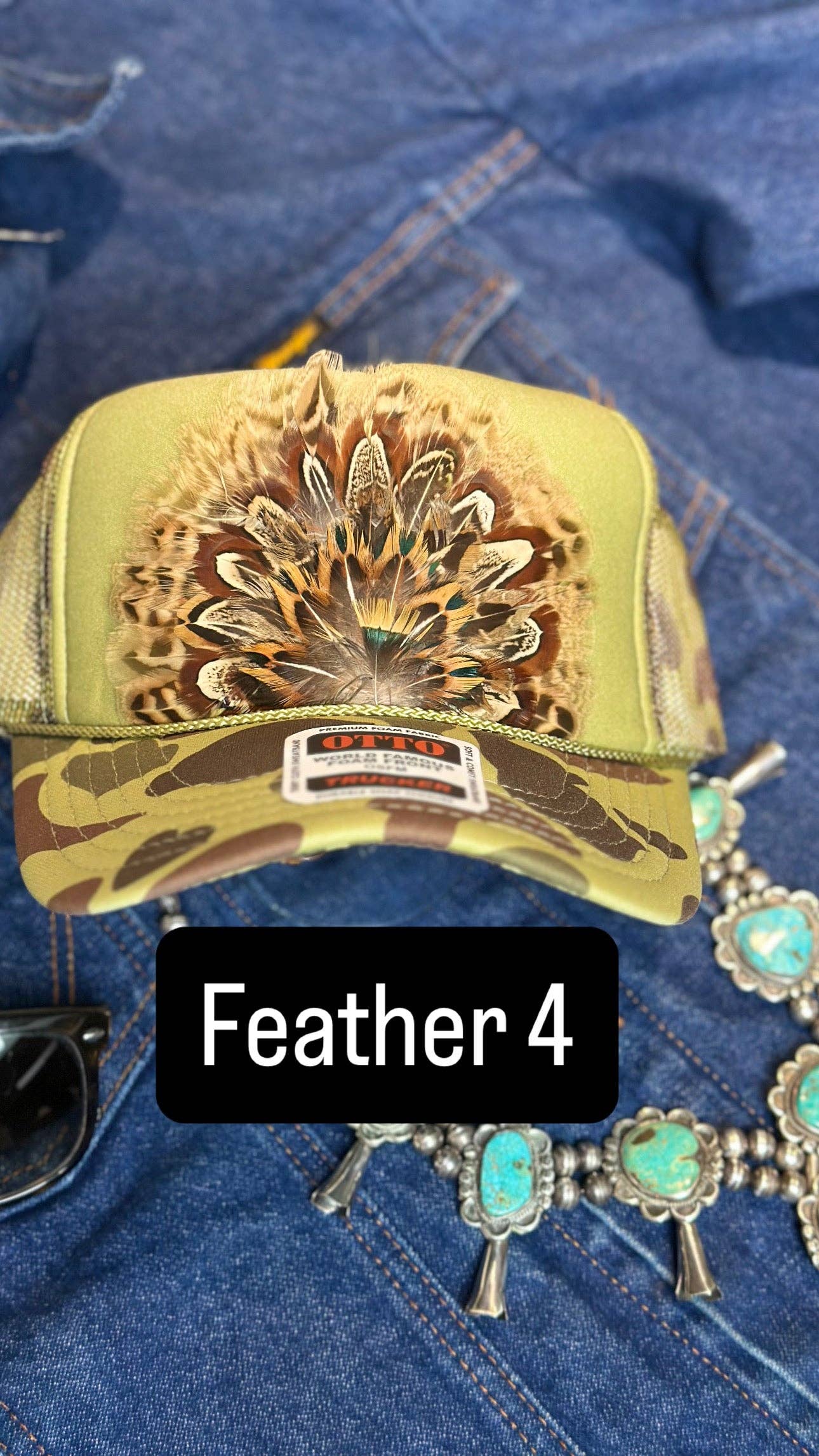 GREEN CAMO CAMOUFLAGE FEATHER TRUCKER HAT: With Faux Turquoise / Feather 8