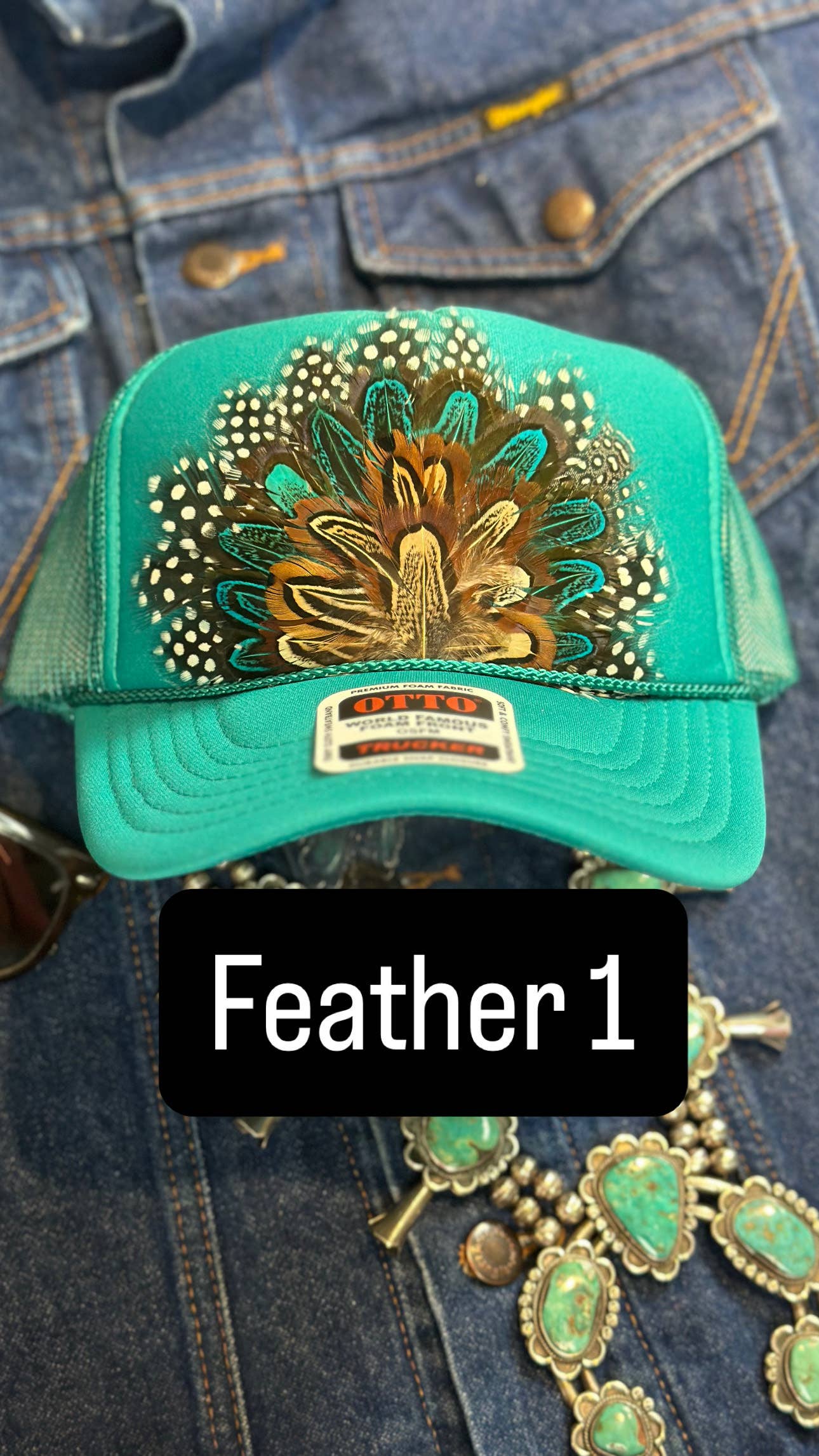 JADE FEATHER TRUCKER HAT: No Faux Turquoise / Feather 4