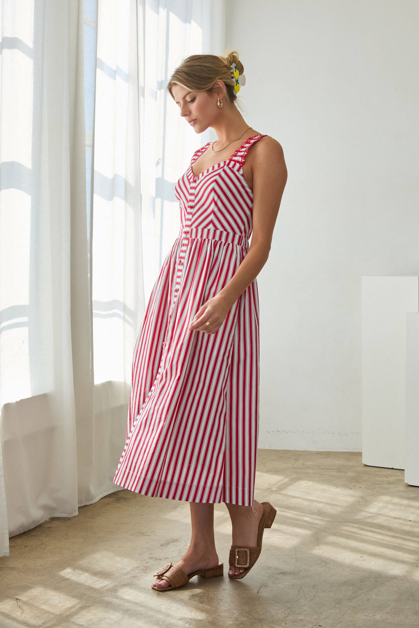 Striped Midi Dress with Embroidered Detail: Red-White / M