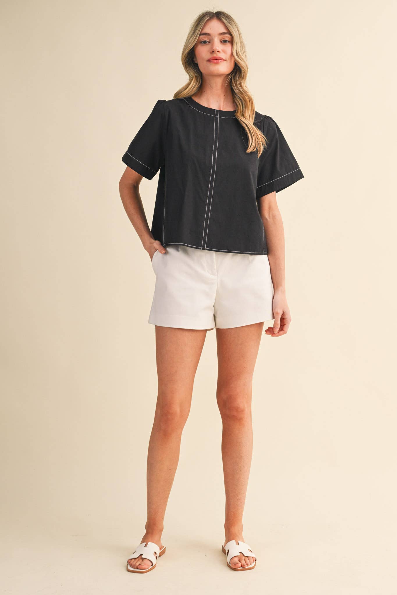 SEAM DETAIL SHORT SLEEVE BOXY TOP MTP4795: APPLE GREEN / L