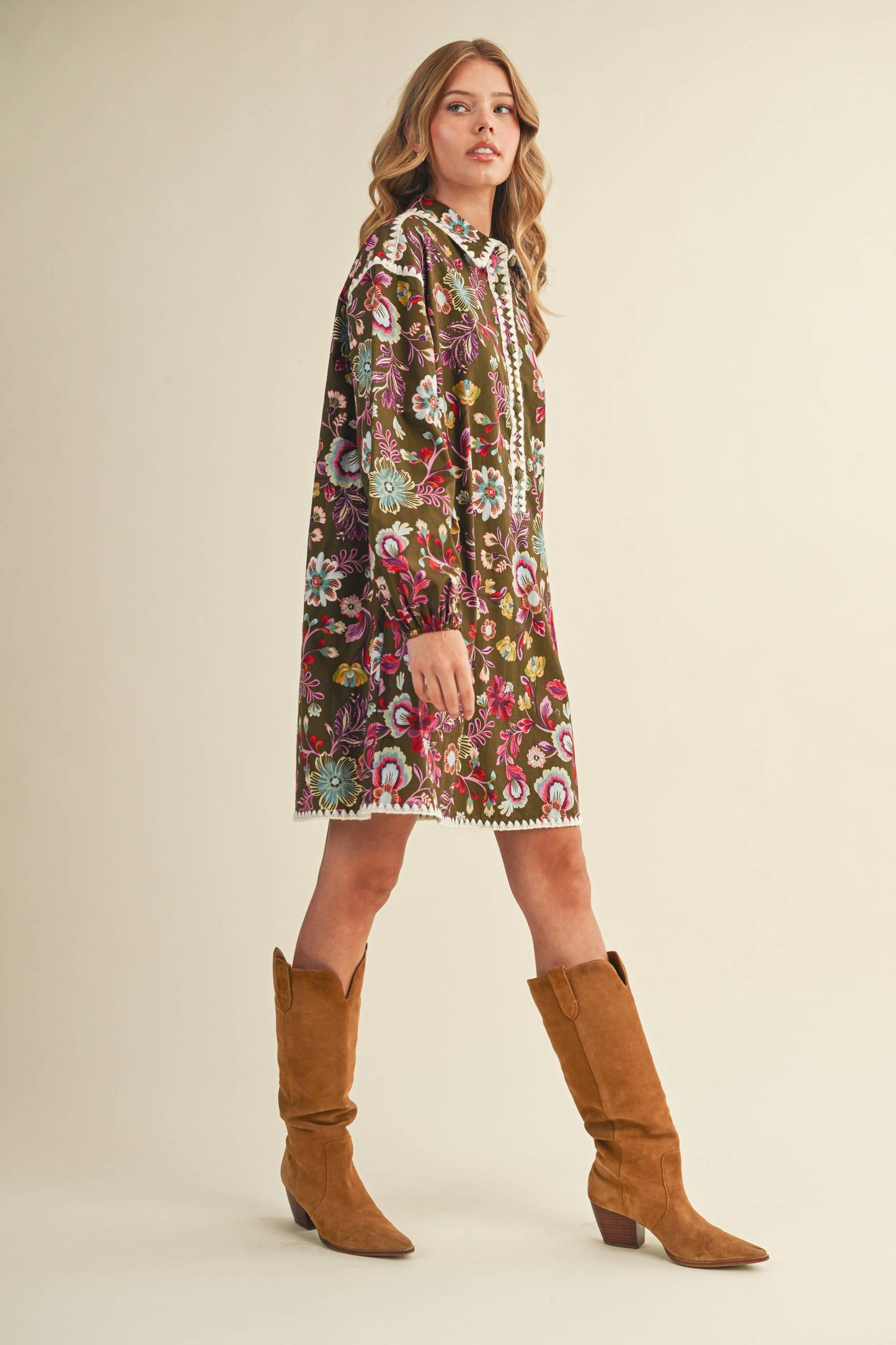 EXCLUSIVE PRINT BLANKET STITCH BUTTONED MINI DRESS MDR4298: Cream Multi / M