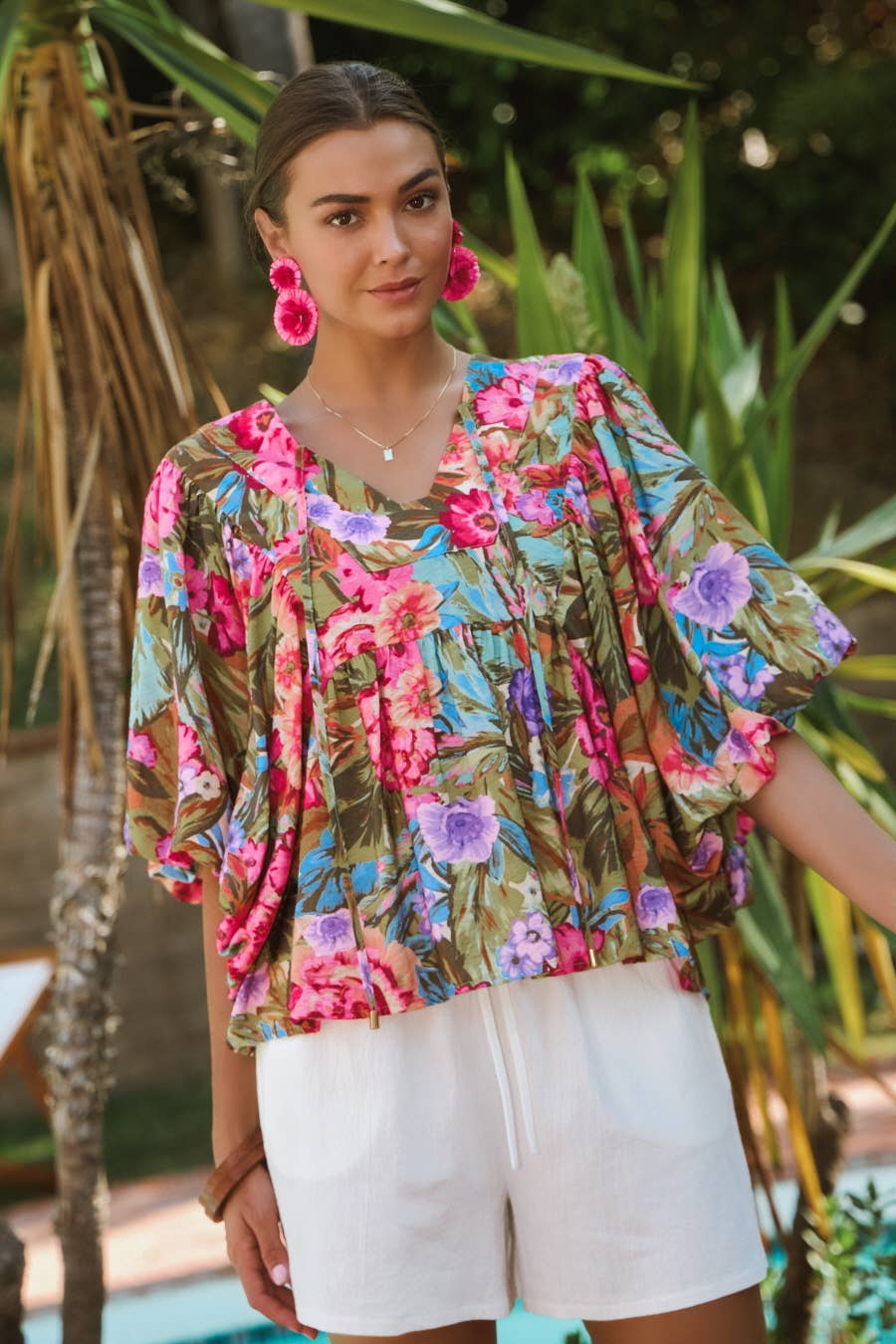 Printed Blouse With Wide Bubble Sleeve: Olive Garden / S