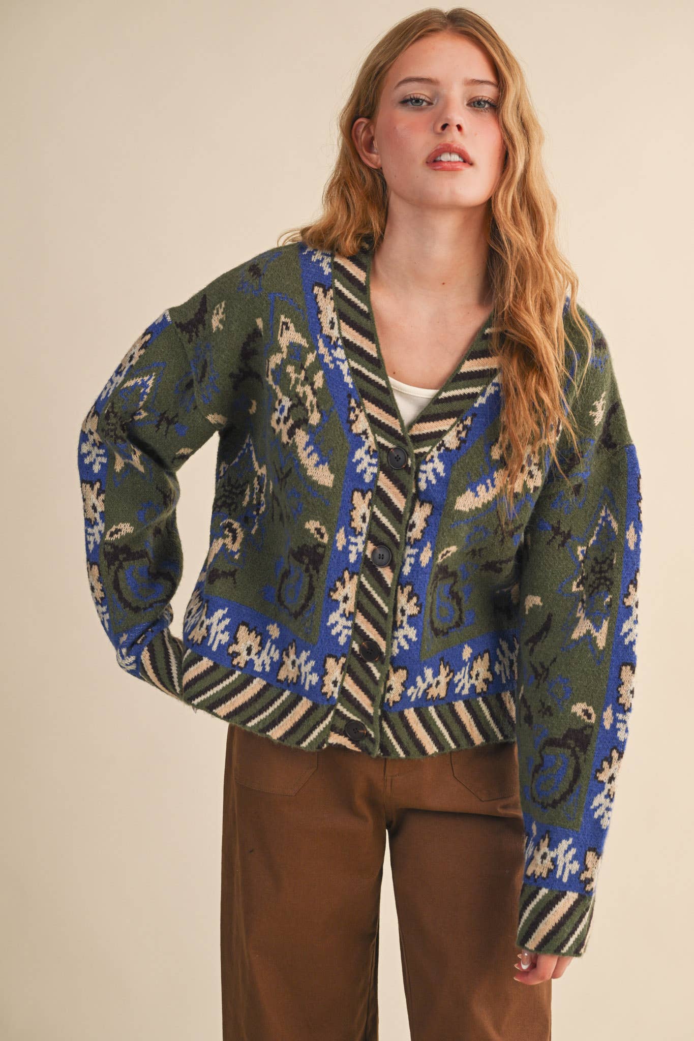 PAISLEY KNIT SWEATER CARDIGAN MSW11102: Ivory Coral Multi / L