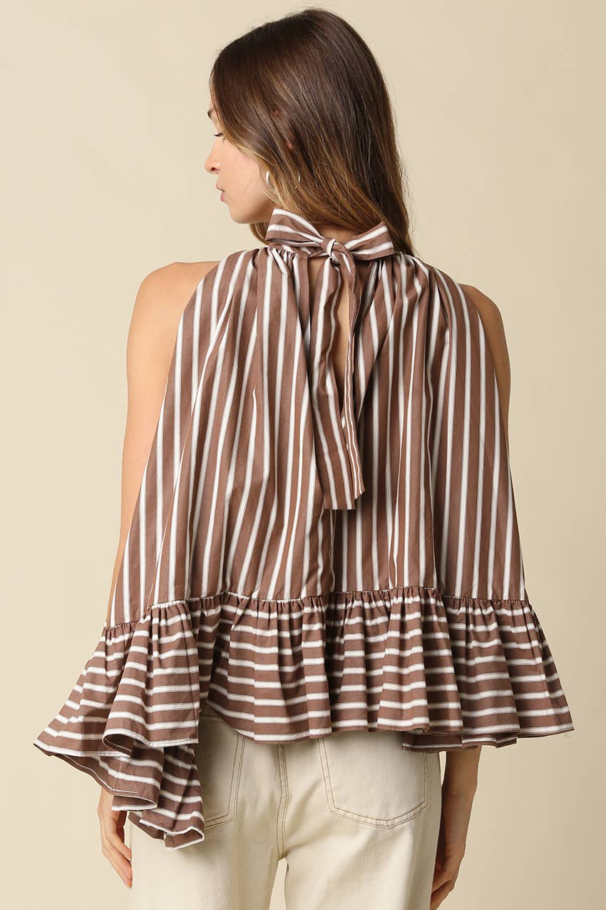 Bea Stripe Halter Ruffle Blouse: Brown / Contemporary / S