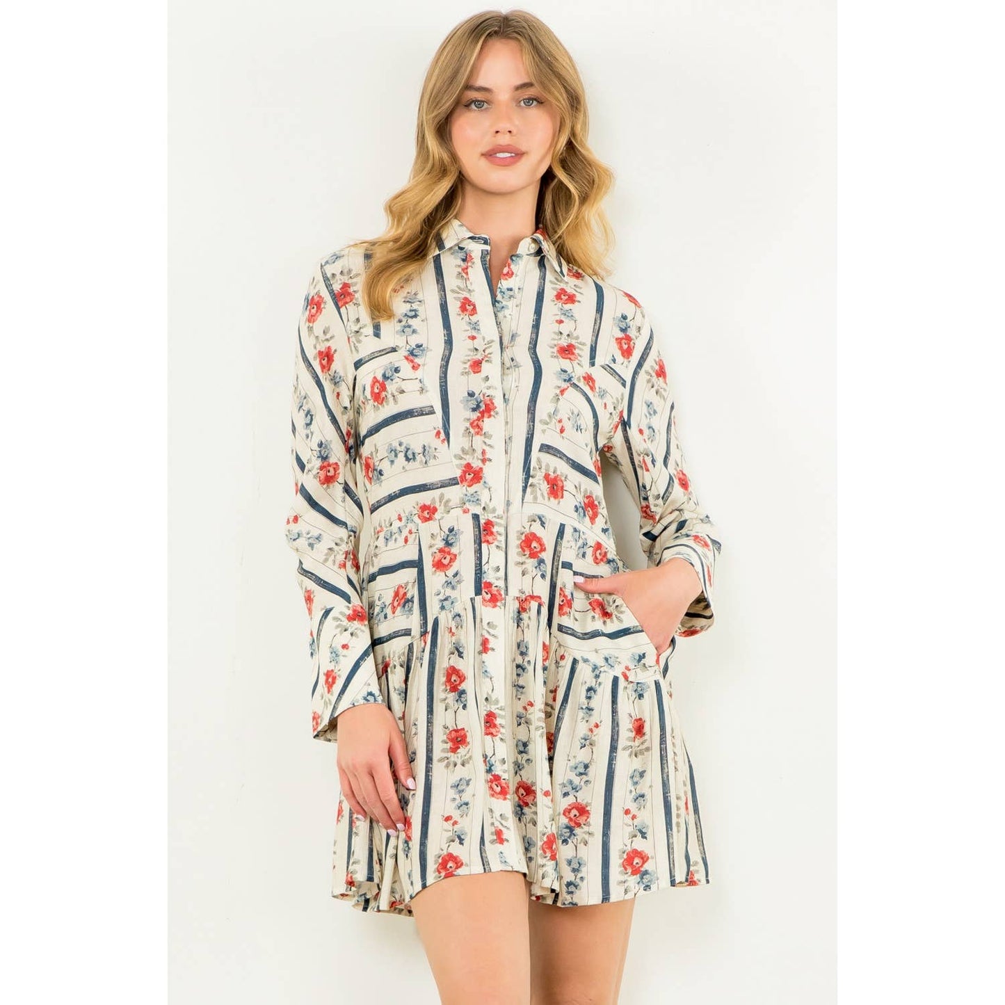 Long Sleeve Floral Dress: CREAM / XS-S-M-L(1-2-2-1)