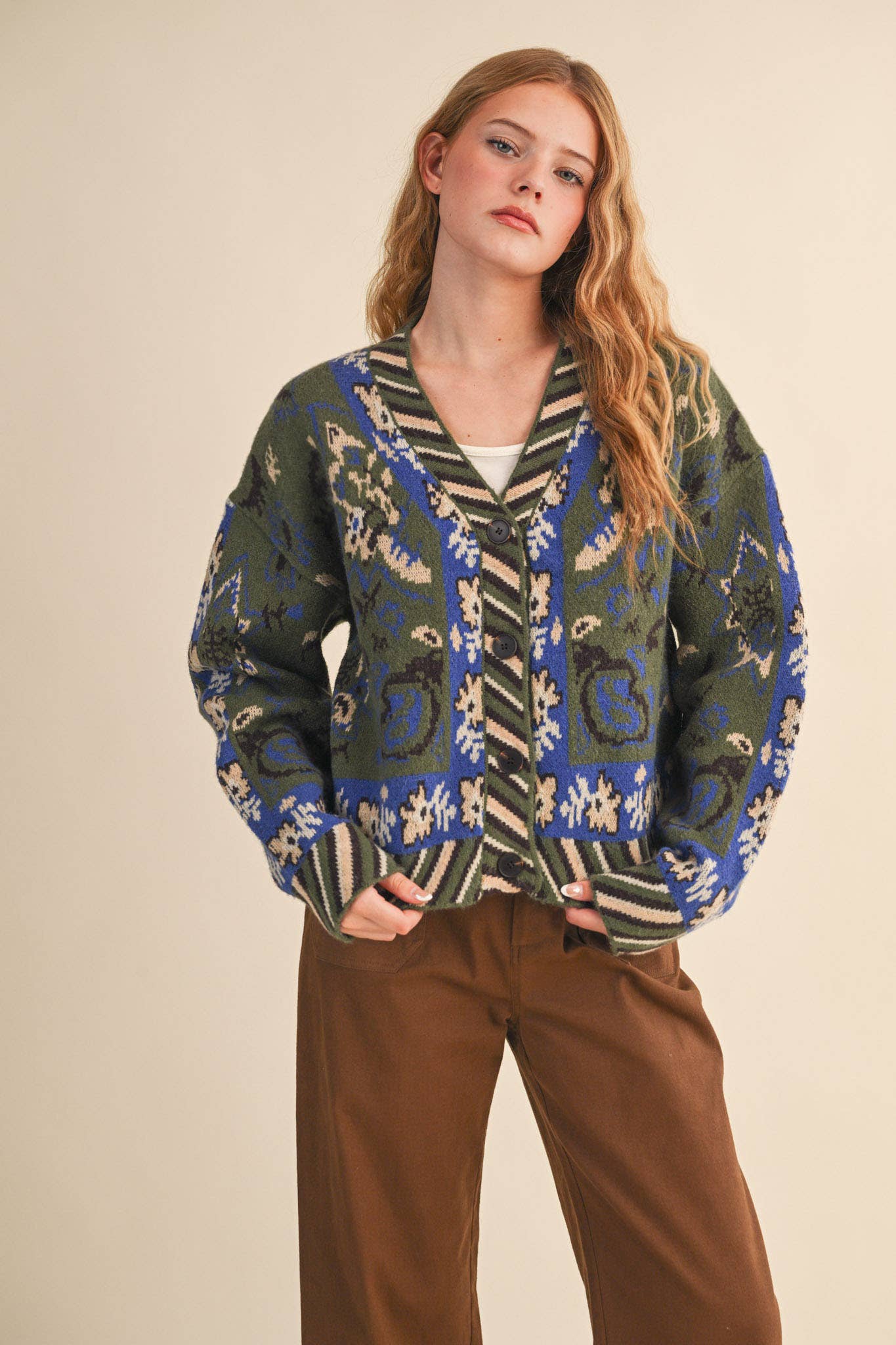 PAISLEY KNIT SWEATER CARDIGAN MSW11102: Ivory Coral Multi / L