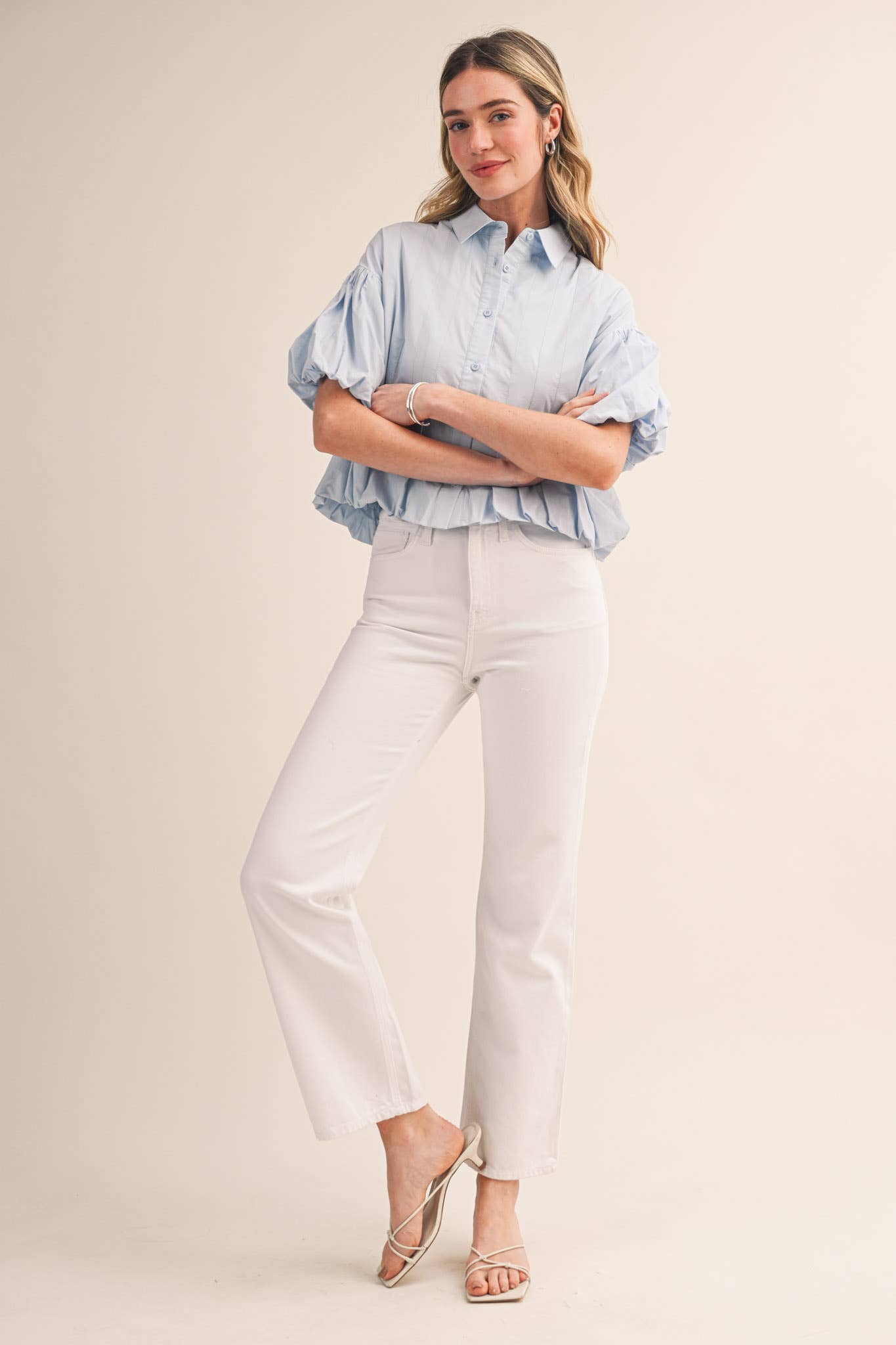 PLEATED BUBBLE HEM BUTTON DOWN TOP MTP4694: SKY BLUE / M