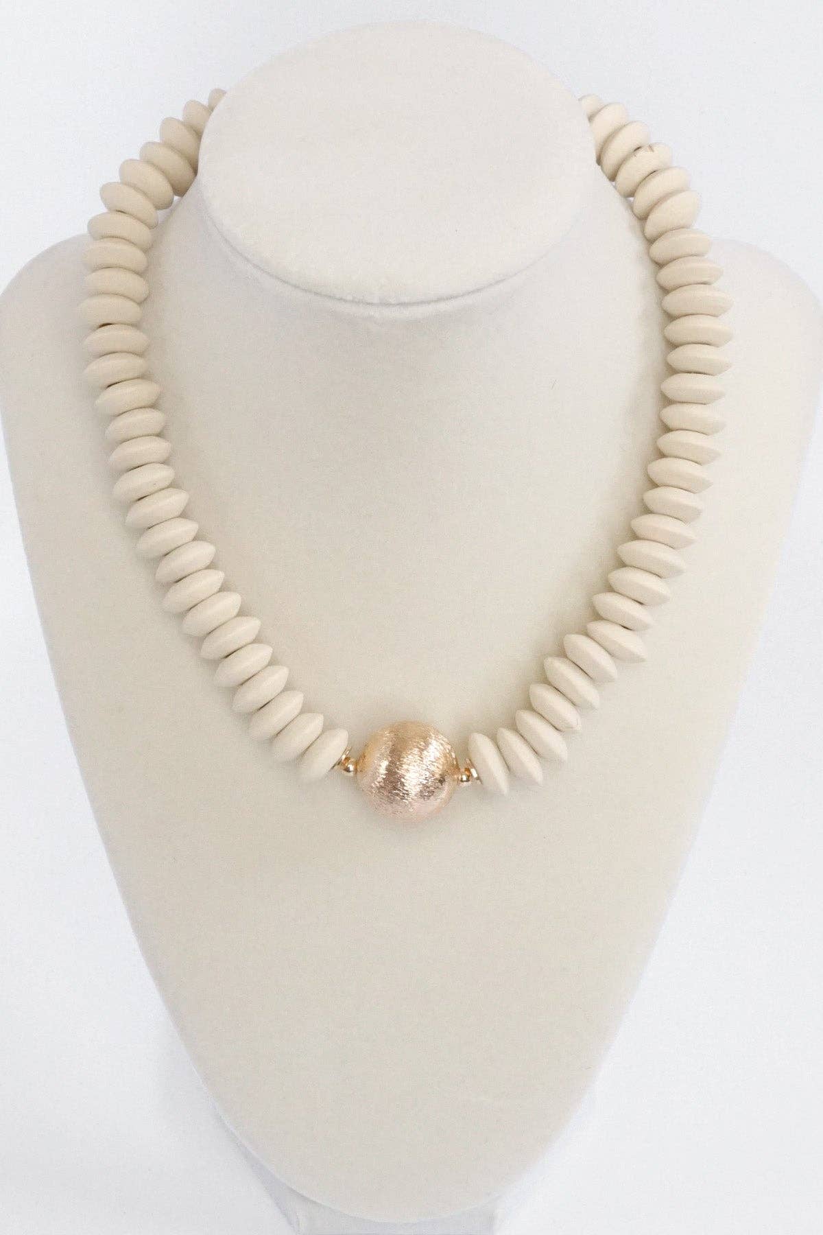 Wood Saucer Beads Short Statement Necklace Gold center Hot Pink Beige: Beige