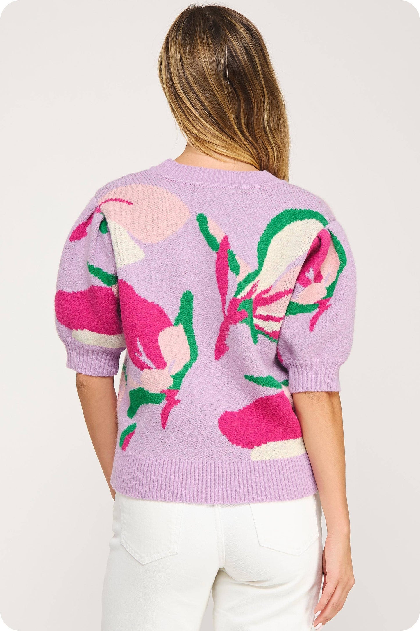 Floral Pattern Short Sleeve Knit Top: Spicy Orange Multi / S