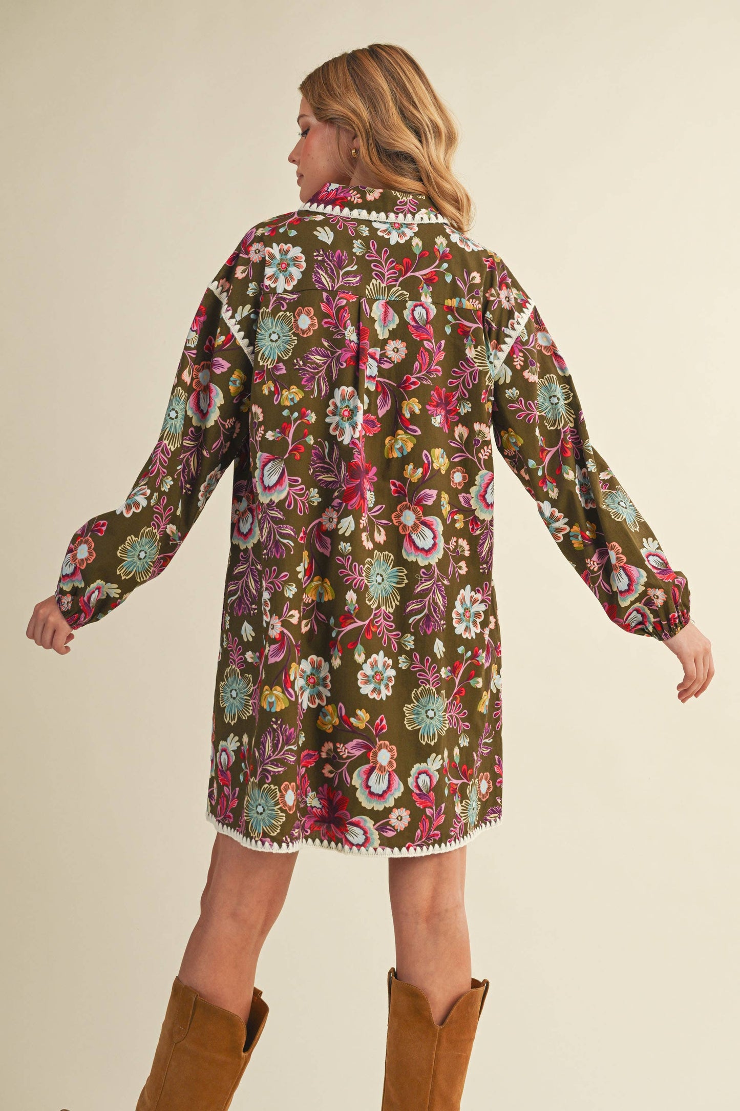 EXCLUSIVE PRINT BLANKET STITCH BUTTONED MINI DRESS MDR4298: Cream Multi / L