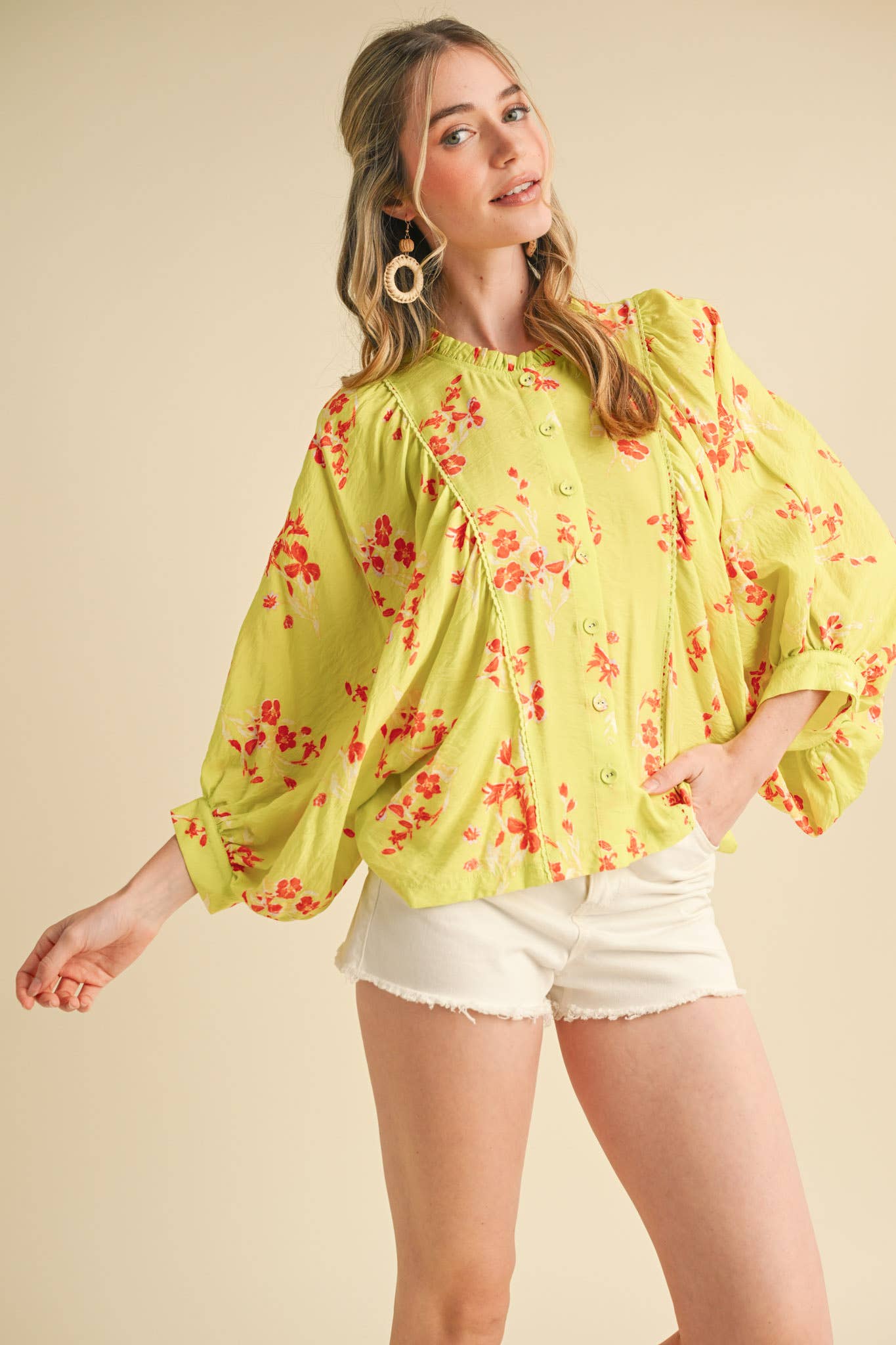 EXCLUSIVE PRINT FLORAL DOLMAN SLEEVE BLOUSE MTP3871: Electric Blue Floral / S