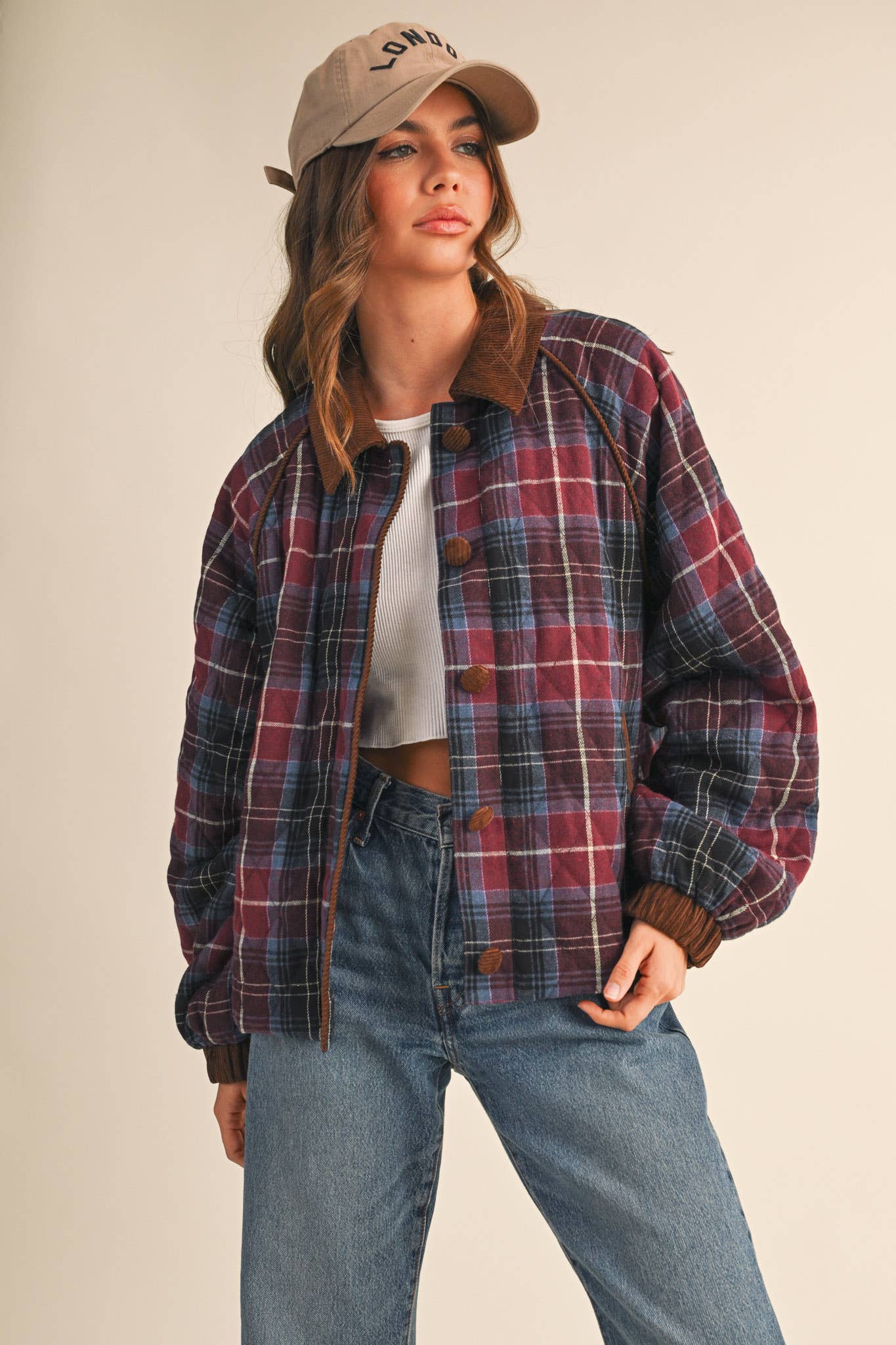 PLAID QUILTED JACKET WITH CONTRAST CORDUROY DETAIL MJK4115: Olive Multi Plaid / M