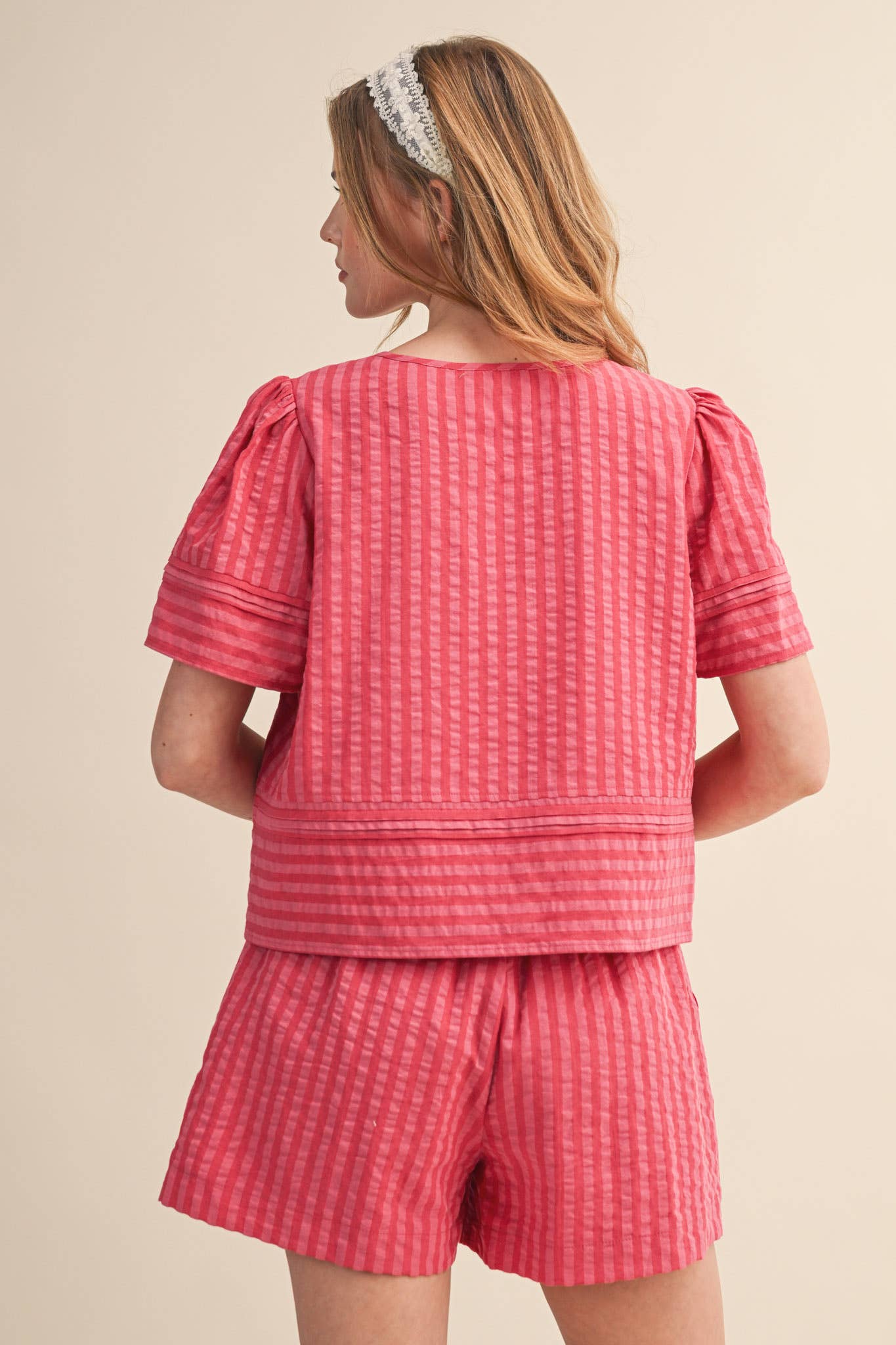 STRIPED BUTTON UP TOP AND SHORTS SET MPST4488: YELLOW PINK STRIPE / S