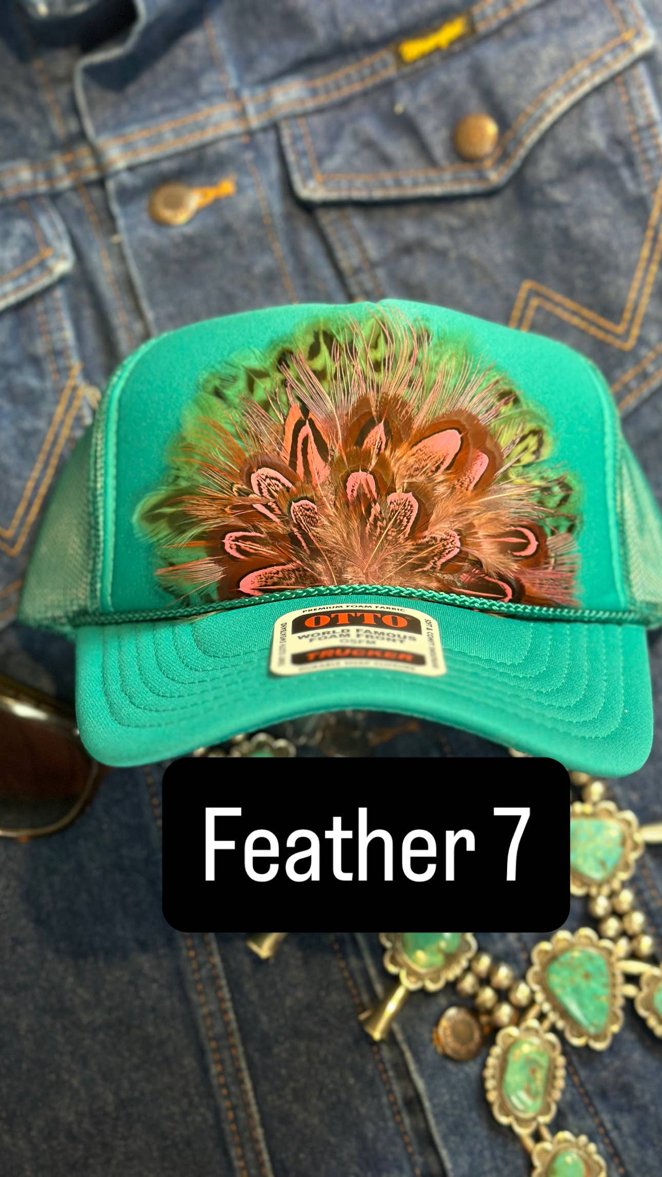 JADE FEATHER TRUCKER HAT: No Faux Turquoise / Feather 4