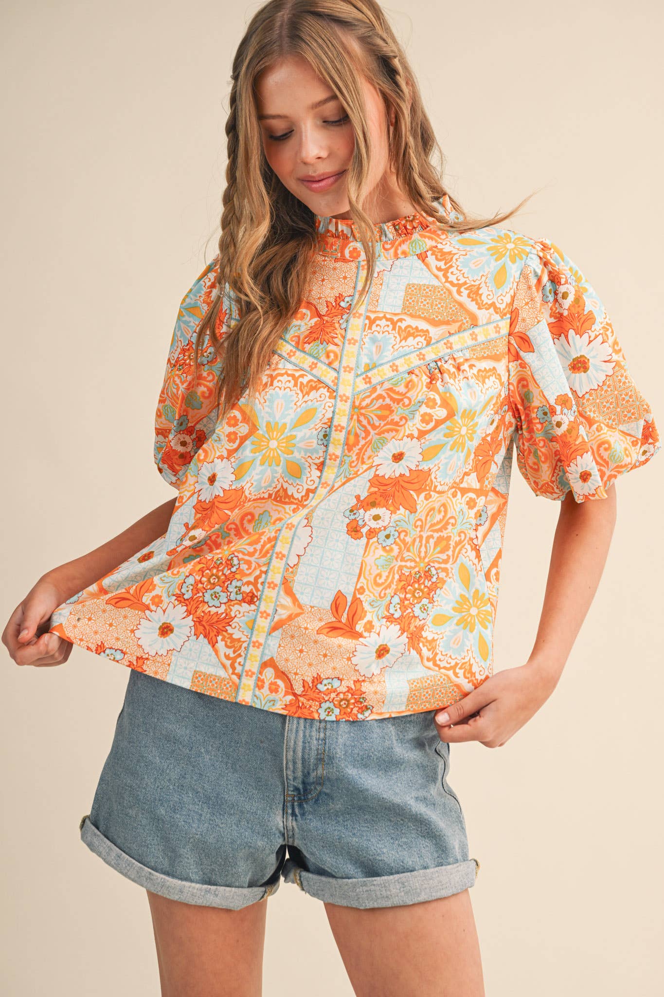 EXCLUSIVE FLORAL PRINT EMBROIDERY TRIM TOP MTP4610: ORANGE MULTI PAISLEY / S