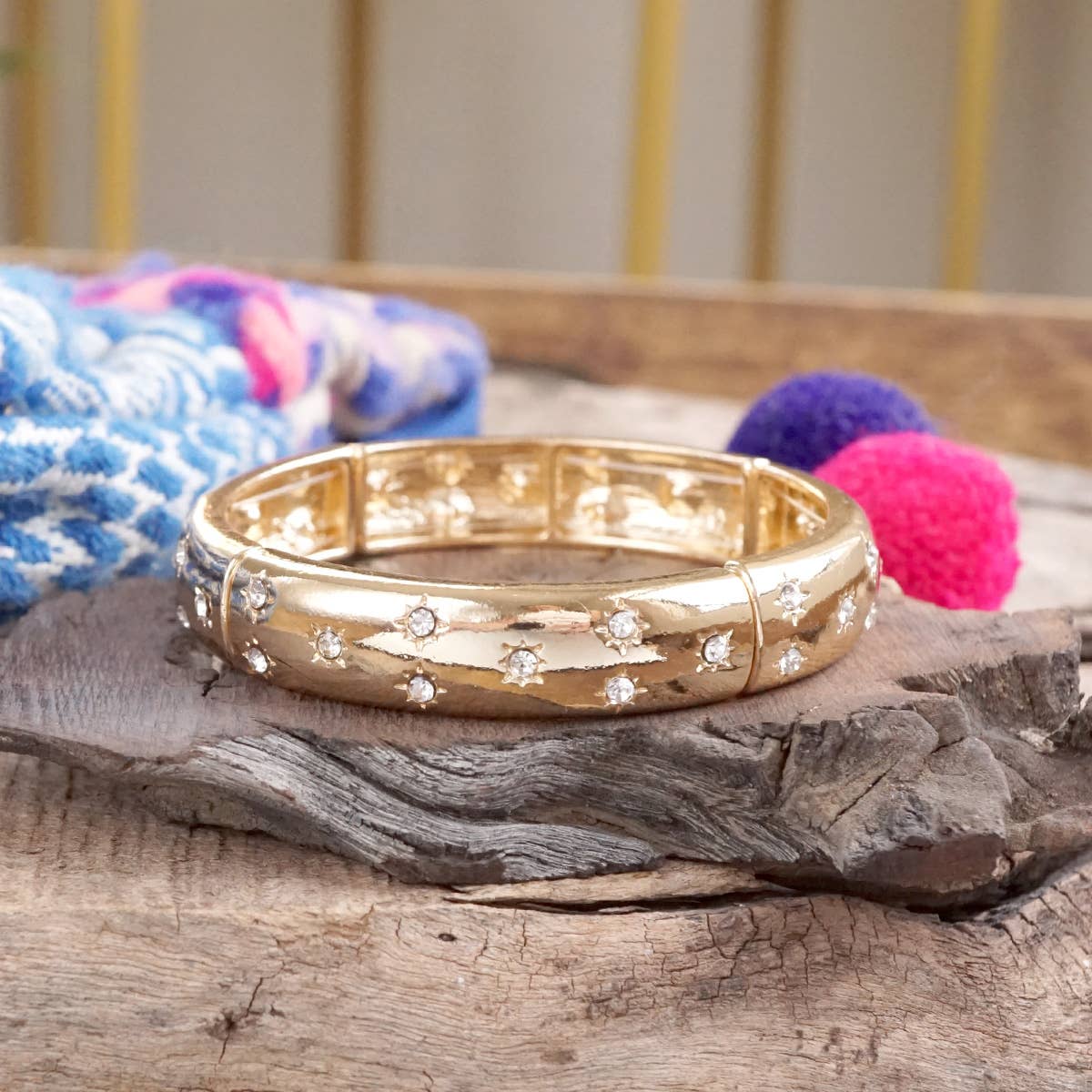 Gold-Tone Eternity Stretch Bangle – Pearls, Turquoise, or Crystals: Wide - Turquoise