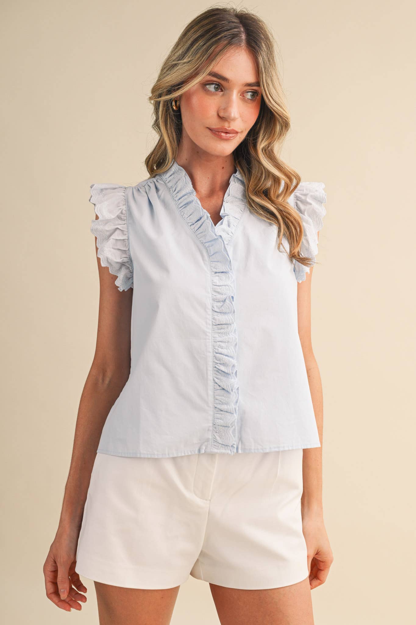 LACE TRIM RUFFLED BUTTON DOWN TOP MTP4764: LEMON DROP / S