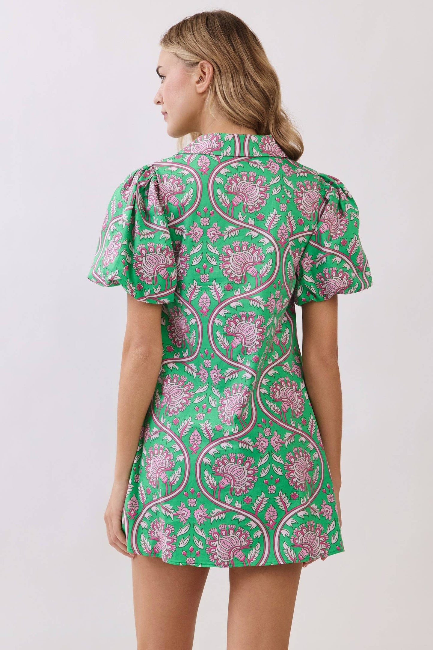 CD07213-Paisley Print Puff Sleeve Mini Dress: Green / S