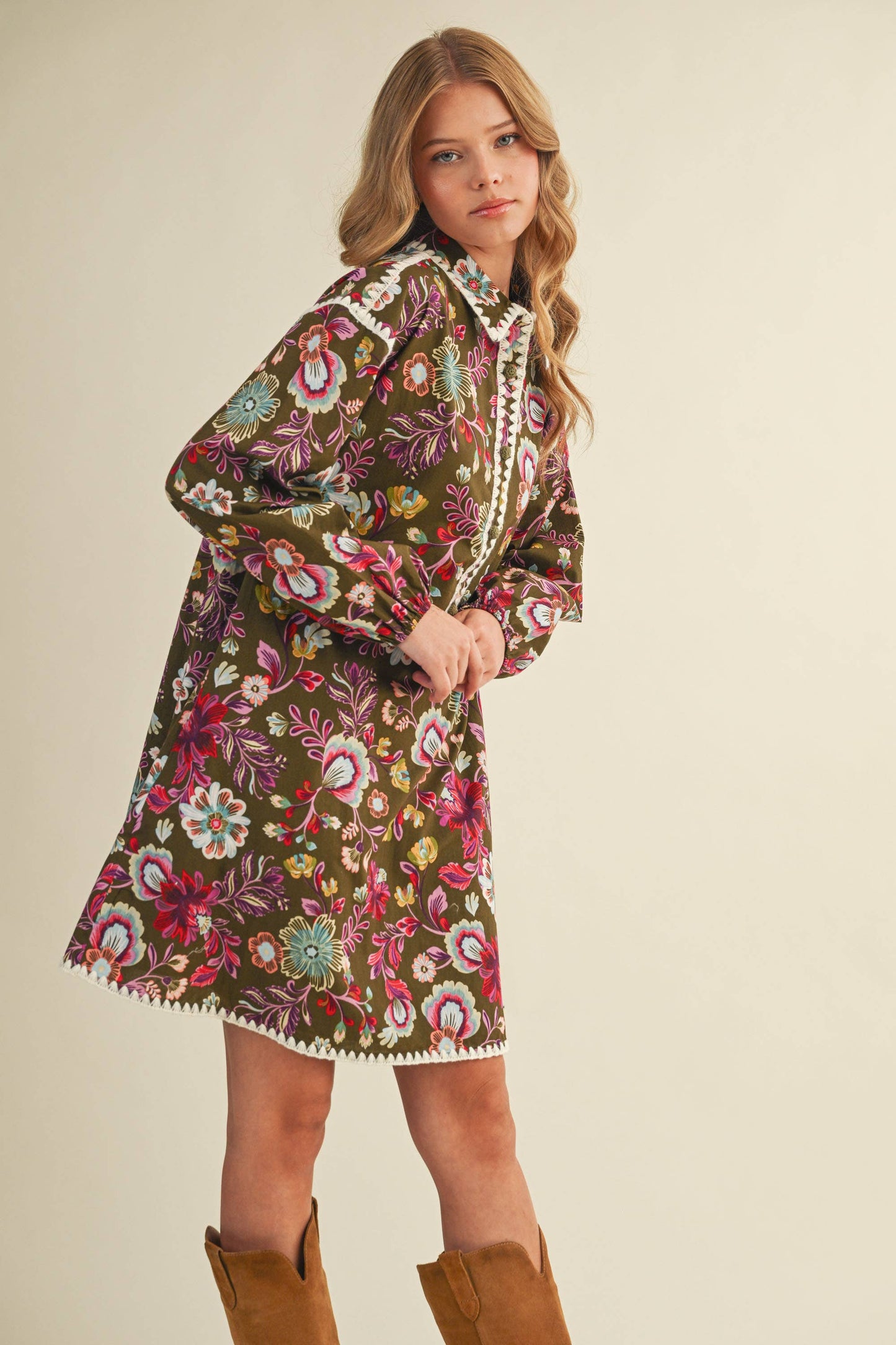 EXCLUSIVE PRINT BLANKET STITCH BUTTONED MINI DRESS MDR4298: Cream Multi / L