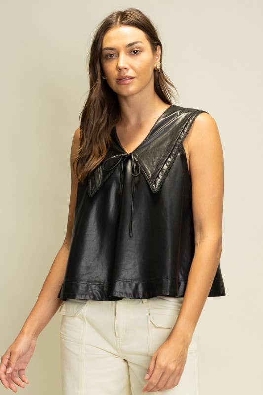 SOT1241 Faux Leather Sailor Collar Top: Black / S-M-L (2-2-2)