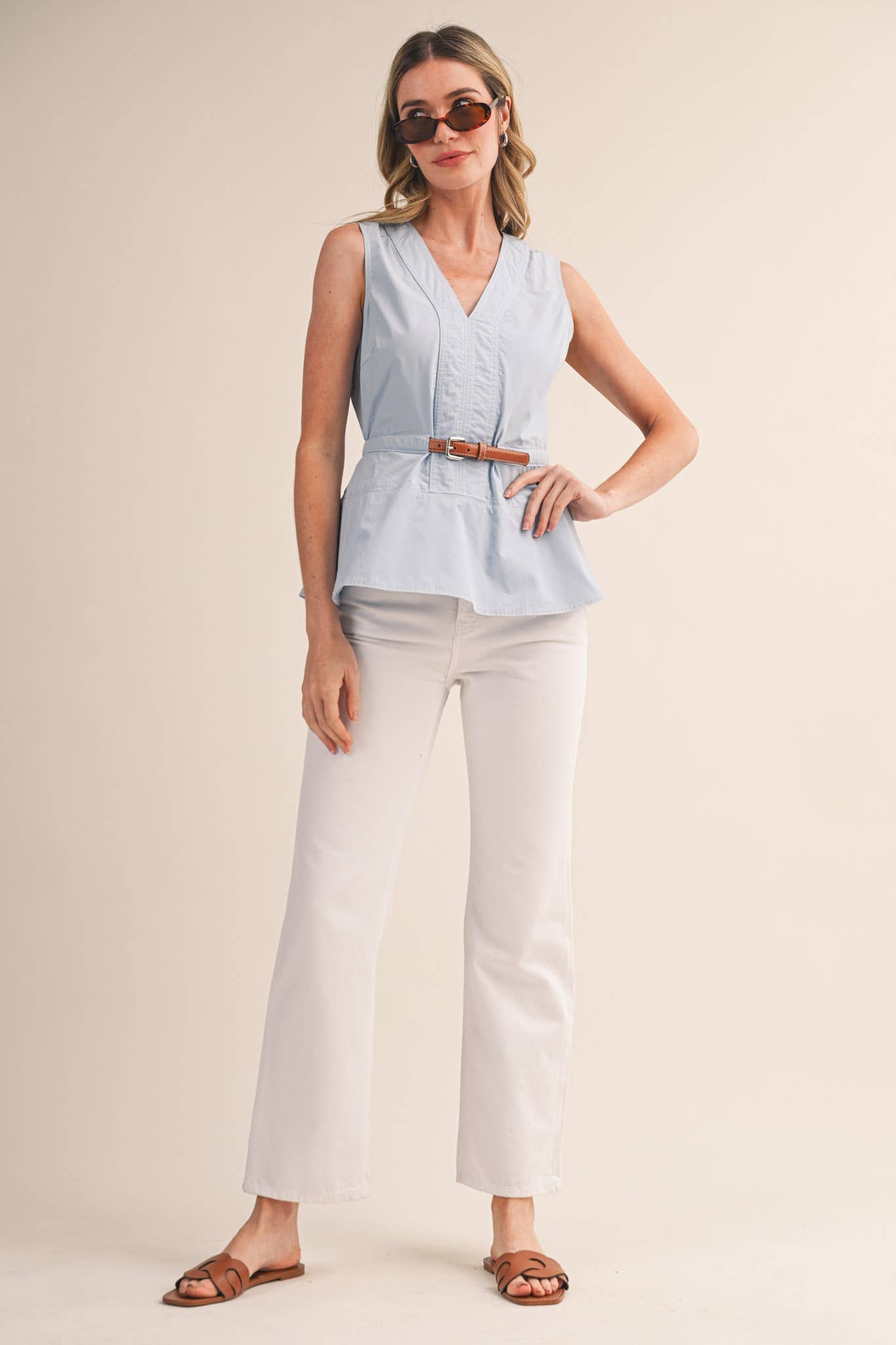 SLEEVELESS BELTED PEPLUM TOP MTP4684: OFF WHITE / L