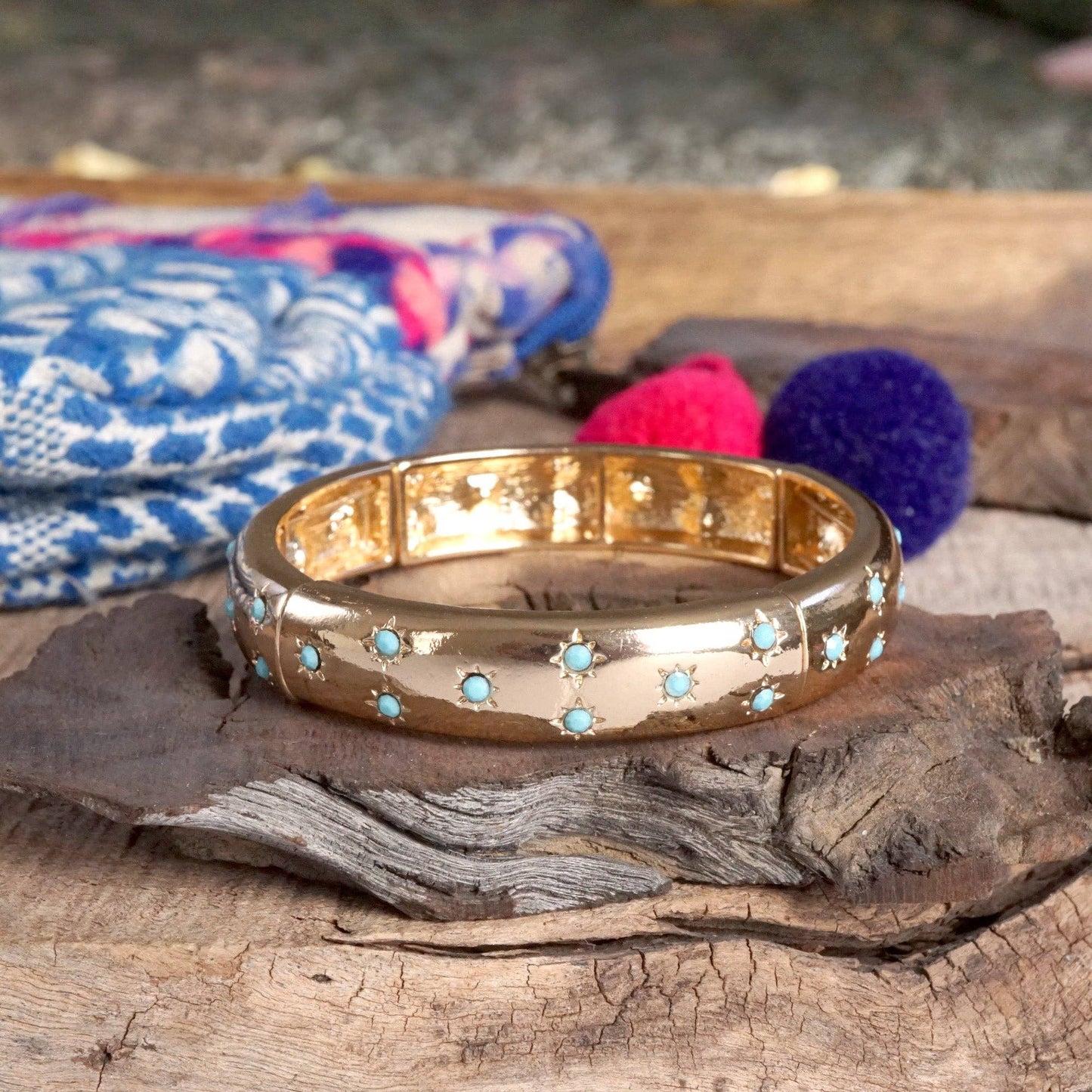 Gold-Tone Eternity Stretch Bangle – Pearls, Turquoise, or Crystals: Wide - Turquoise
