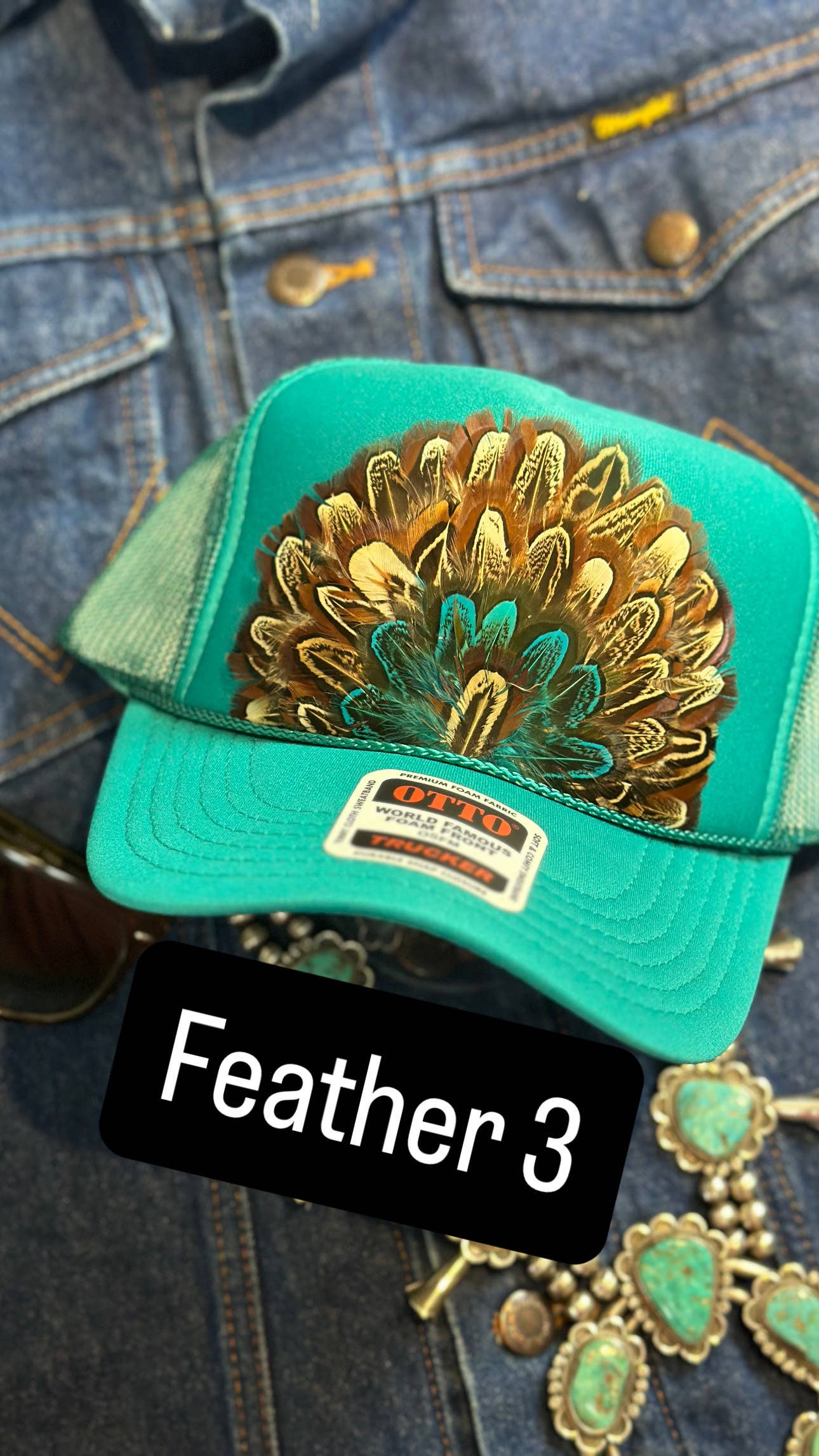 JADE FEATHER TRUCKER HAT: No Faux Turquoise / Feather 4