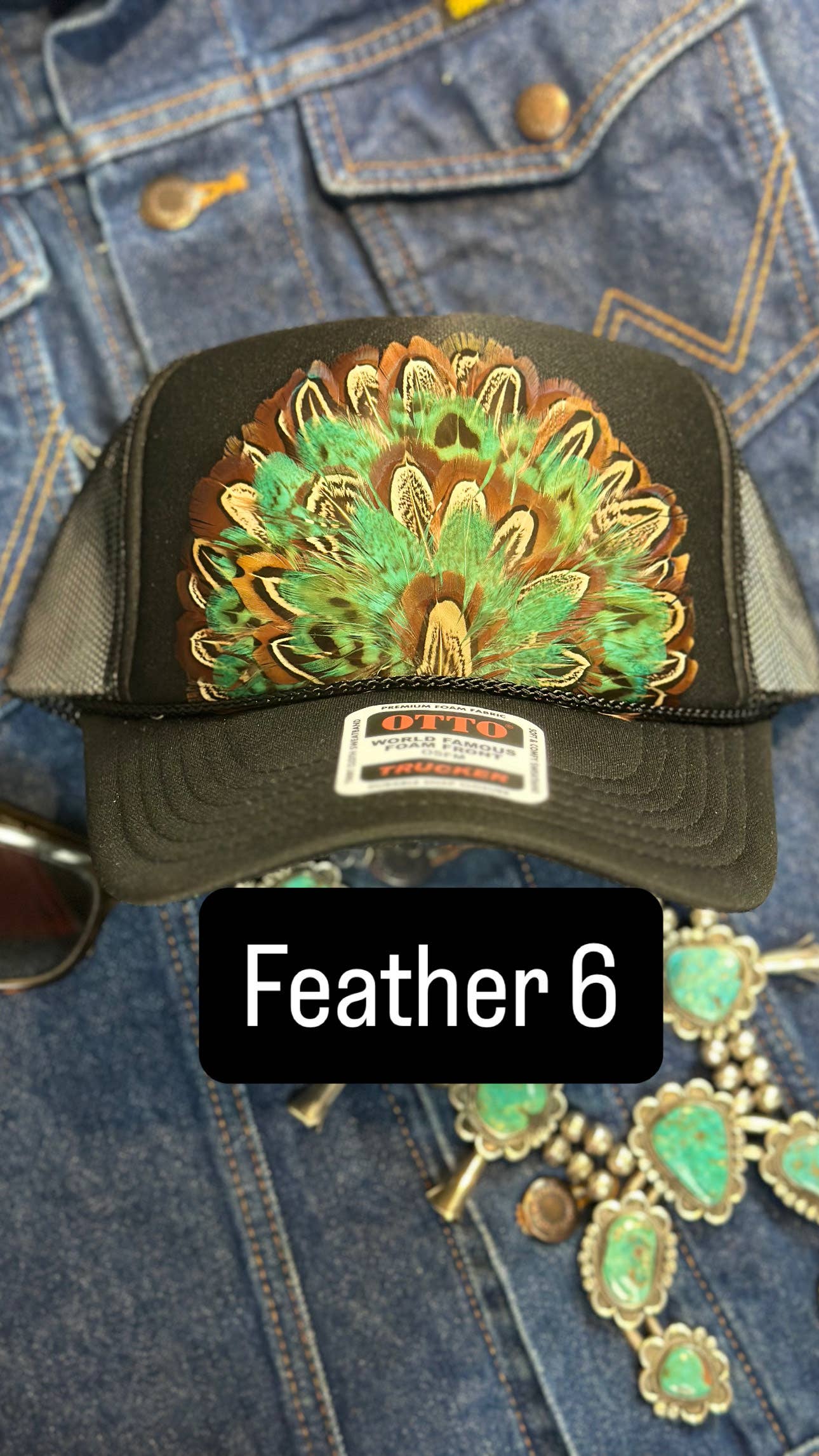 BLACK FEATHER TRUCKER HAT: With Faux Turquoise / Feather 8