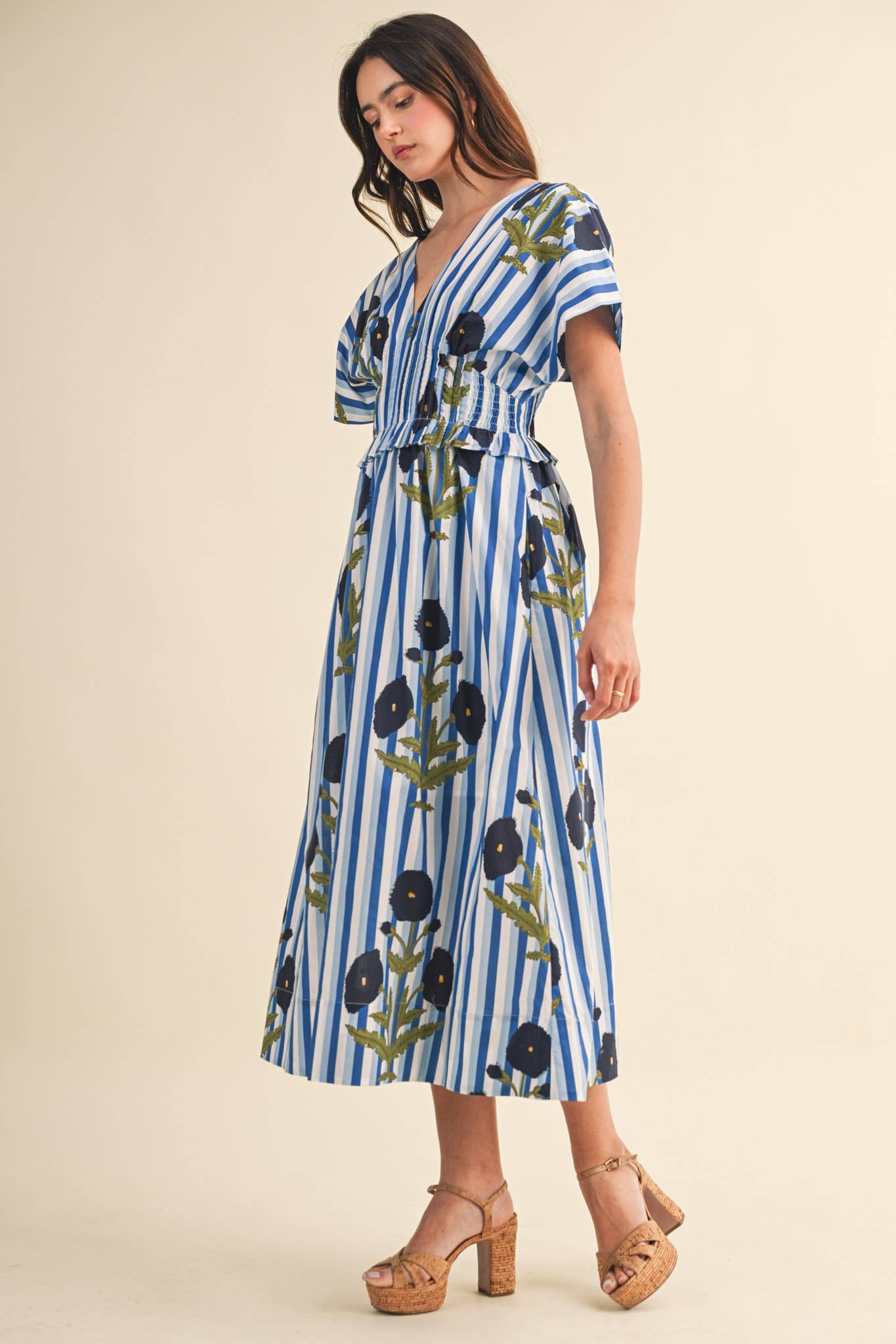 STRIPED FLORAL PIN TUCK WAIST MIDI DRESS MDR4787: BLUE FLORAL STRIPE / M