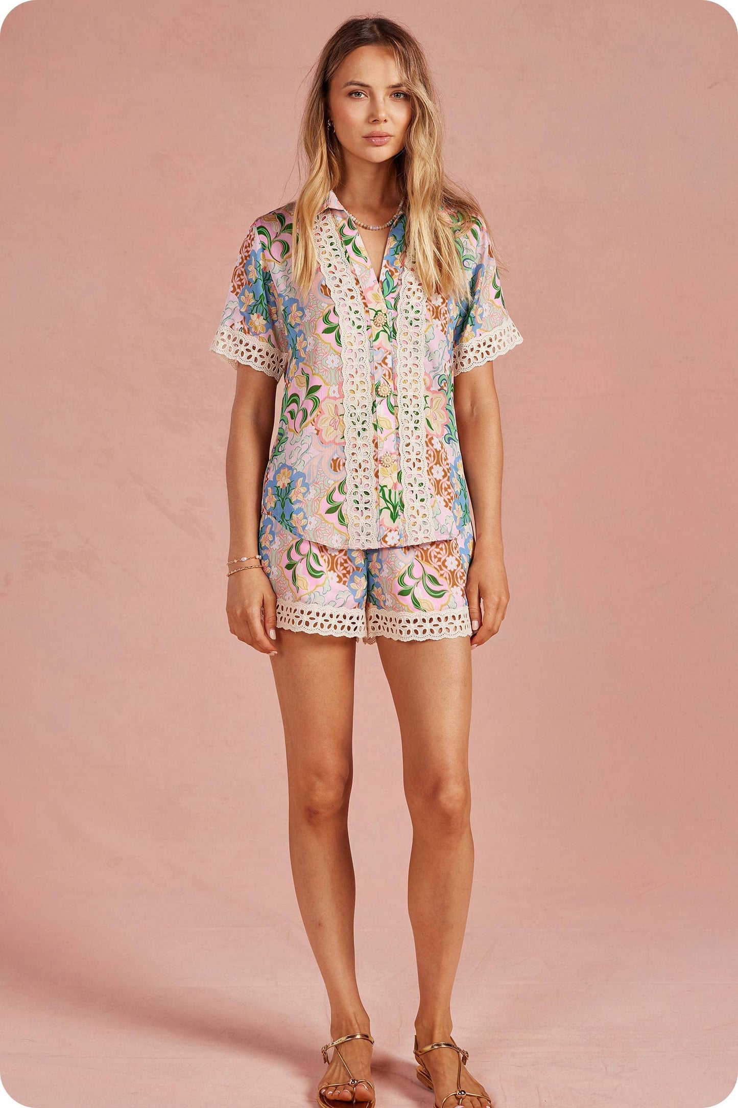 Garden Party Crochet Contrast Trim Satin Shirt: Multi / L