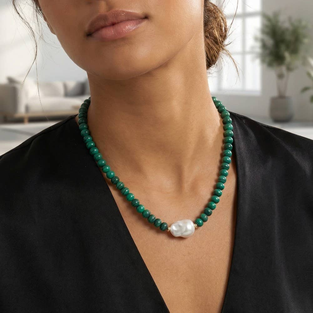 Pearl Pendant Green Stone Beaded Necklace: B