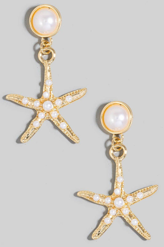 Pearl Studded Starfish Charm Dangle Earrings: CRMGD